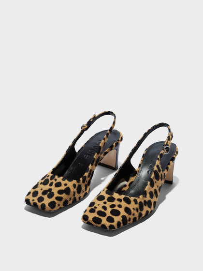 Aeyde | Liza Leather Pumps for Women | Beige/Black Ponyhair | Square Toe | Low Heel | Luxury Materials | Handmade in Italy