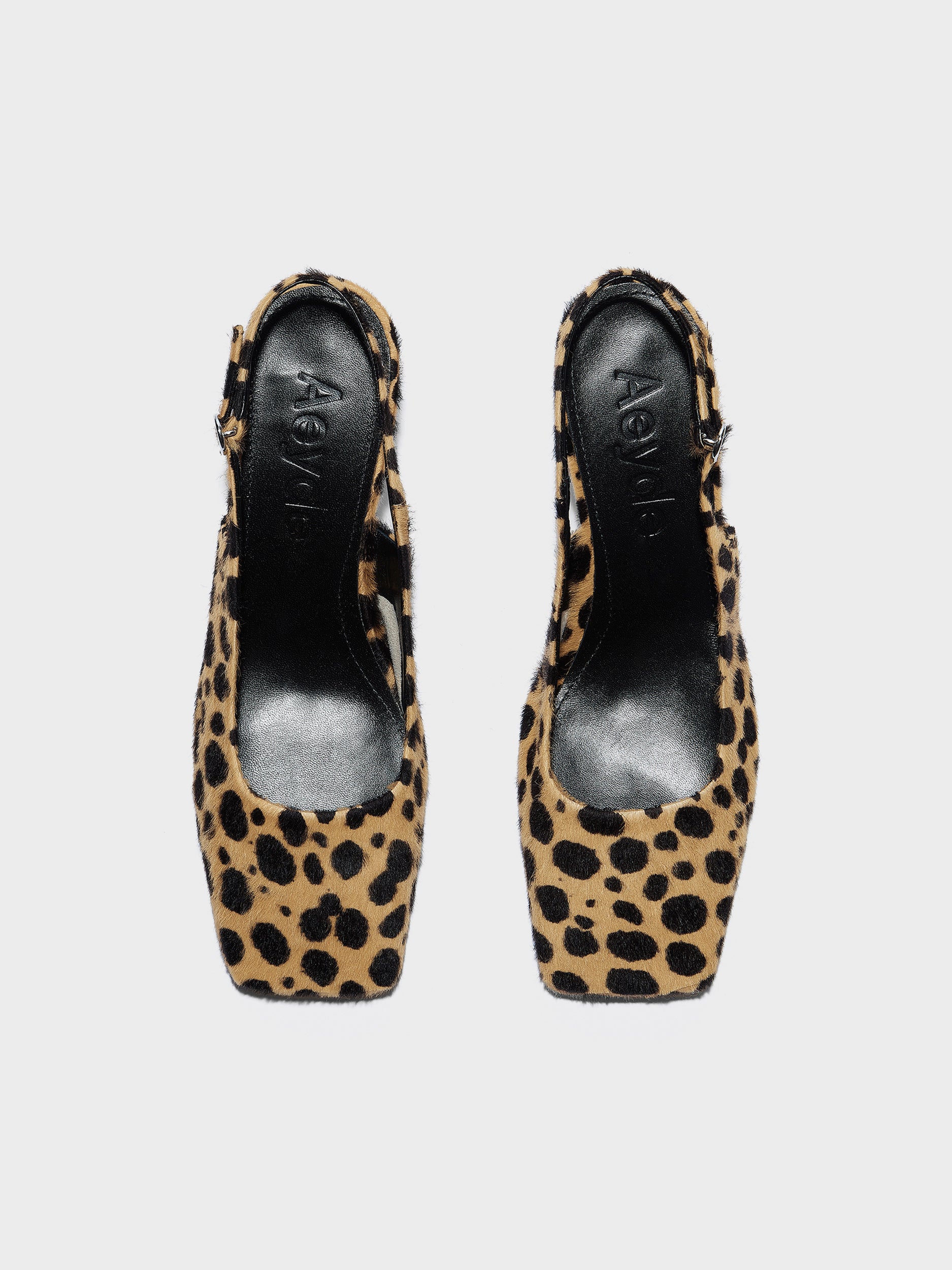 Aeyde | Liza Leather Pumps for Women | Beige/Black Ponyhair | Square Toe | Low Heel | Front View
