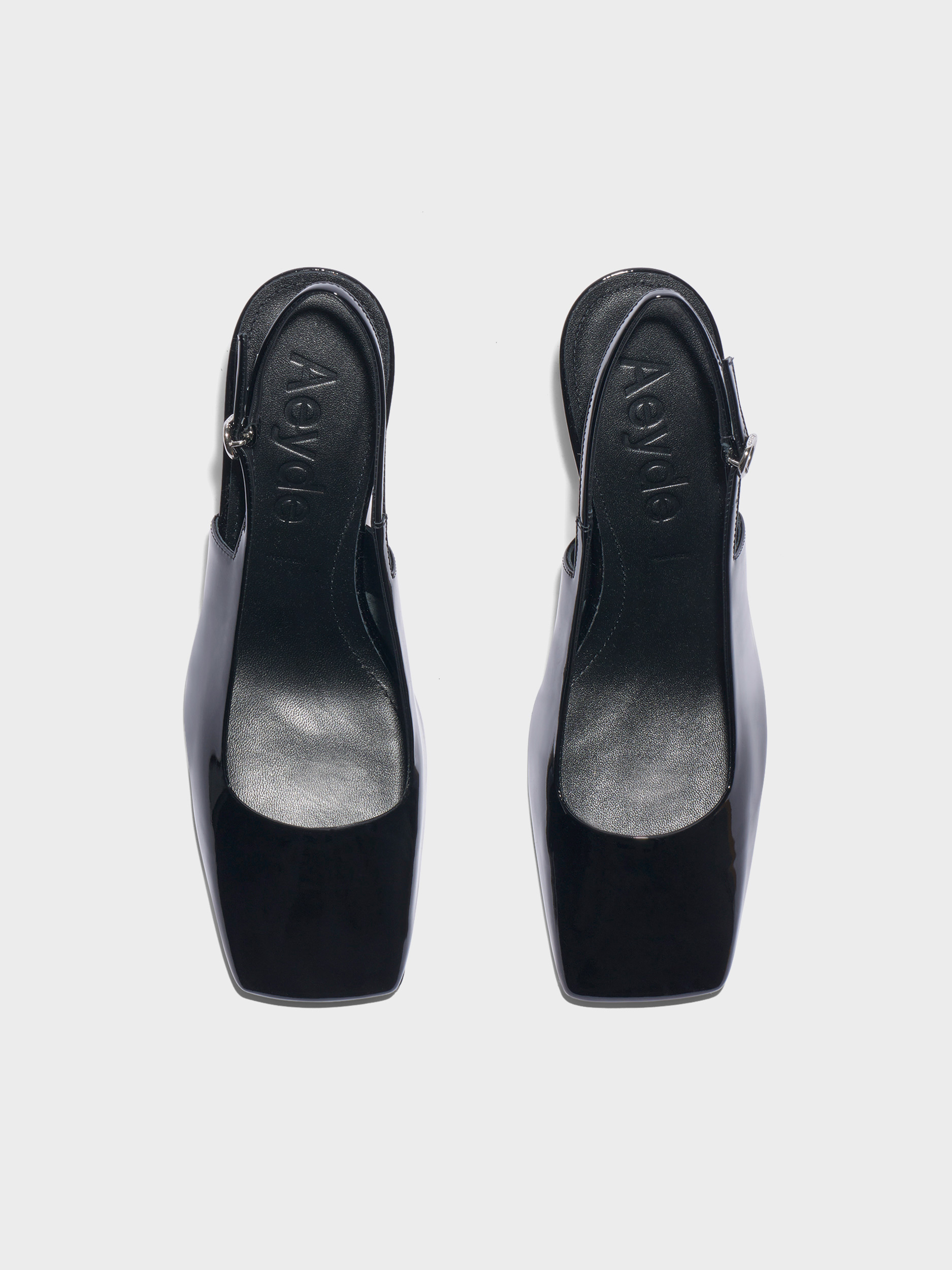 Aeyde | Liza Slingback Pumps Leather Pumps for Women | Black Patent | Square Toe | Mid Heel | Front View