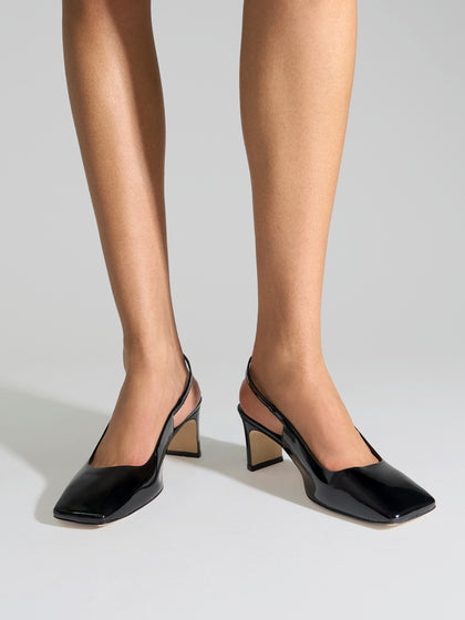 Aeyde | Liza Slingback Pumps Leather Pumps for Women | Black Patent | Square Toe | Mid Heel | On Feet