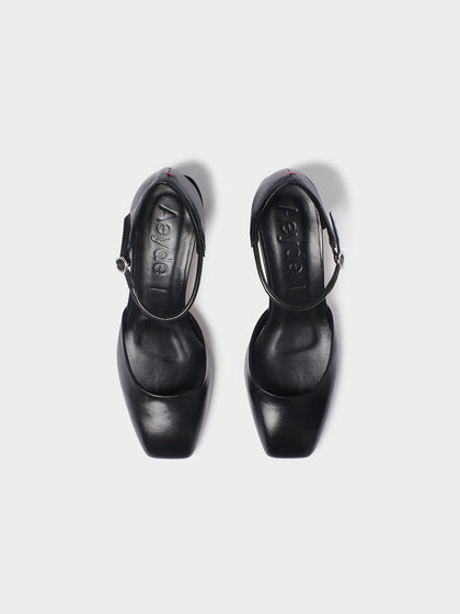 Aeyde | Magda Leather Mary-Jane Pumps Leather Pumps for Women | Black Nappa | Square Toe | Mid Heel | Heel Details
