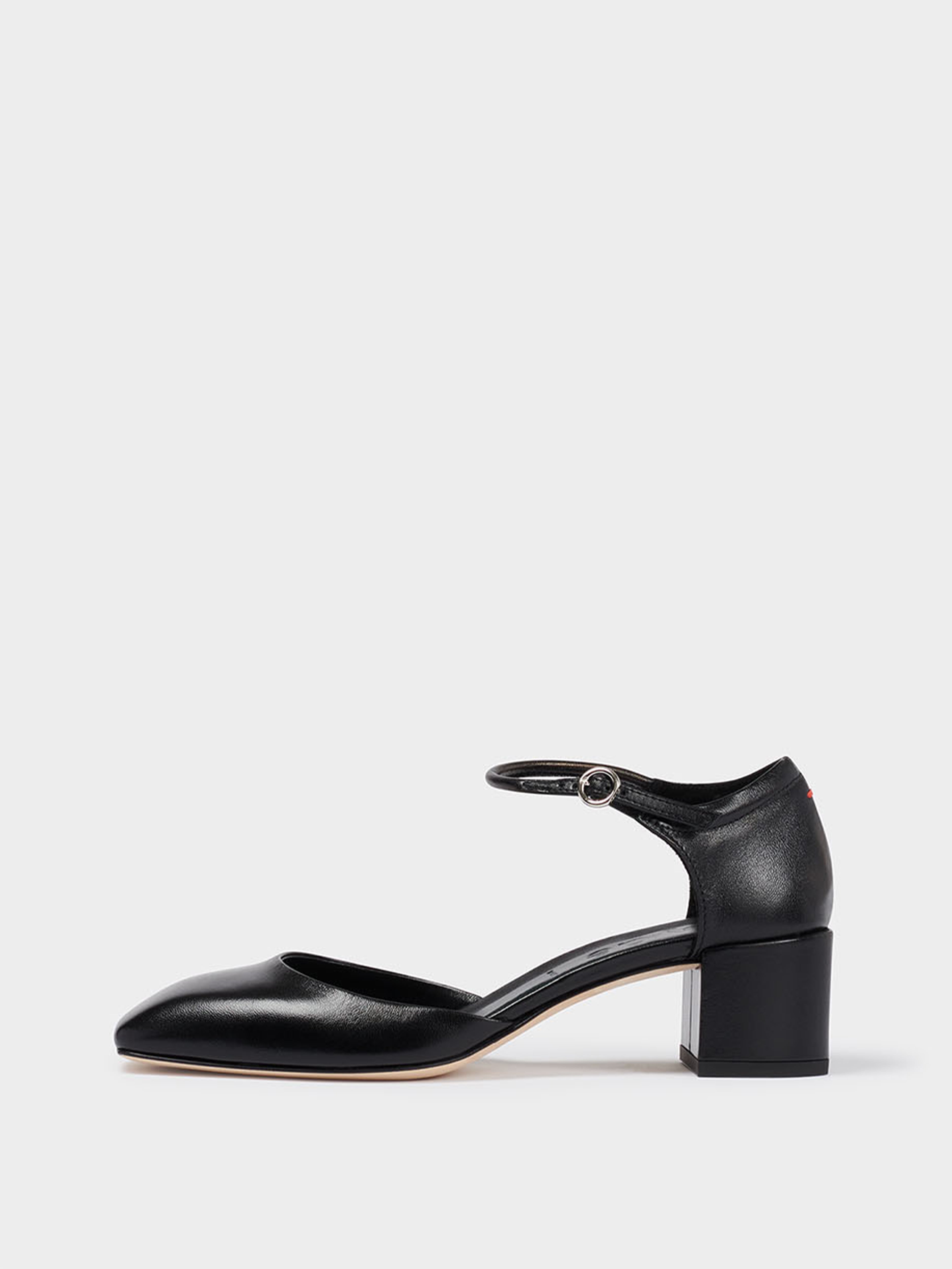 Aeyde | Magda Leather Mary-Jane Pumps Leather Pumps for Women | Black Nappa | Square Toe | Mid Heel | Side View