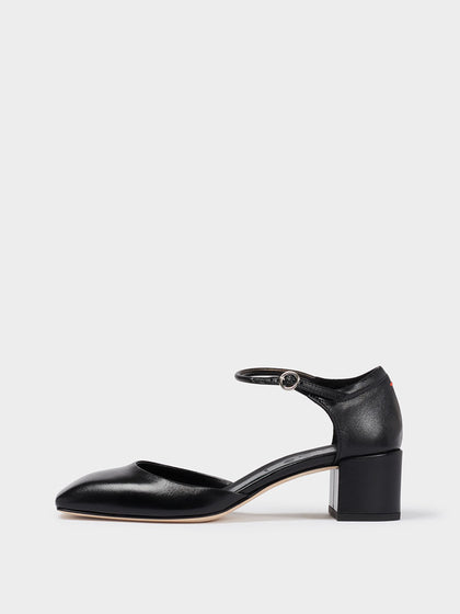 Aeyde | Magda Leather Mary-Jane Pumps Leather Pumps for Women | Black Nappa | Square Toe | Mid Heel | Side View