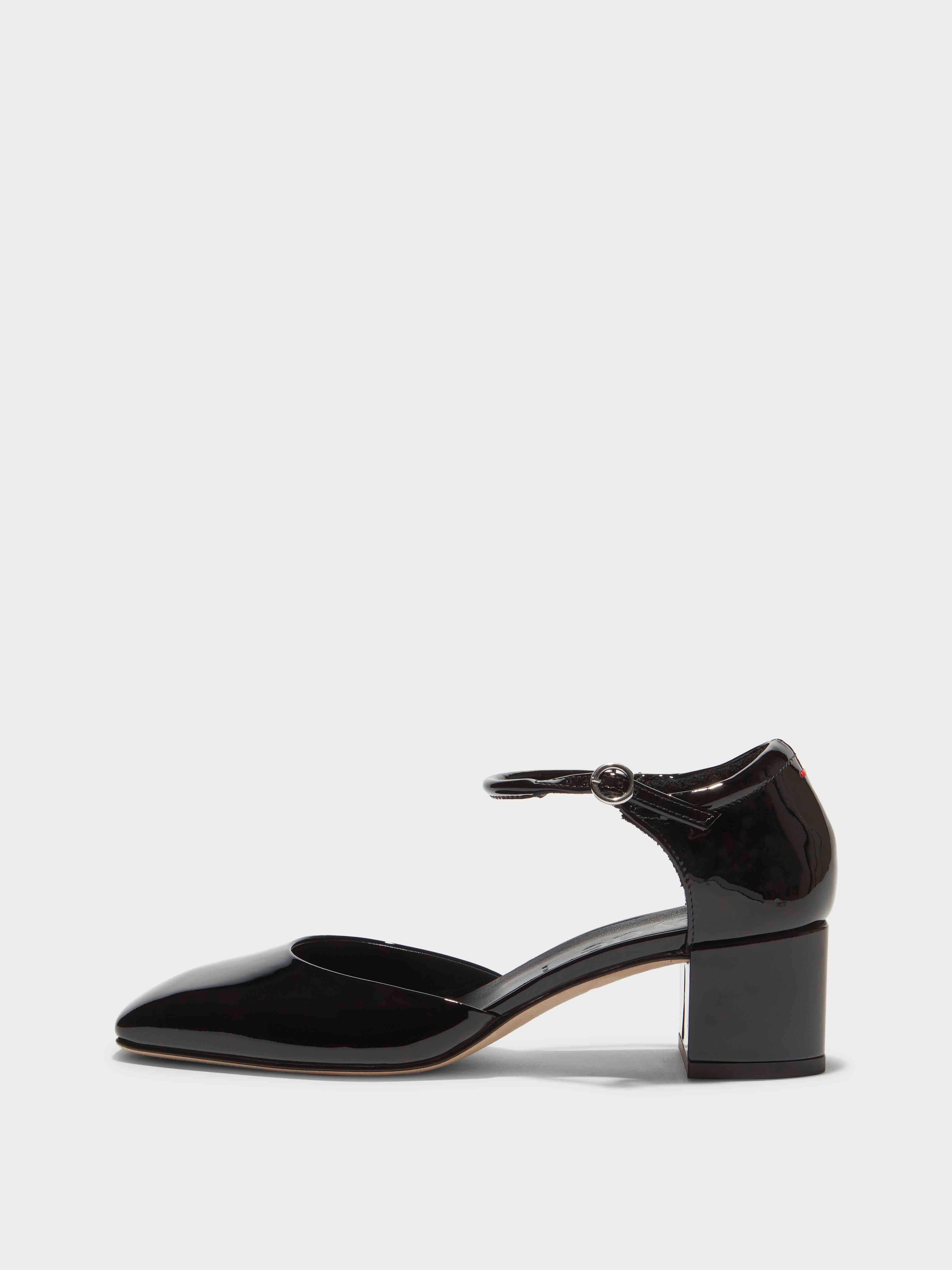 Aeyde | Magda Leather Mary-Jane Pumps Leather Pumps for Women | Black Patent | Square Toe | Flat Heel | Side View