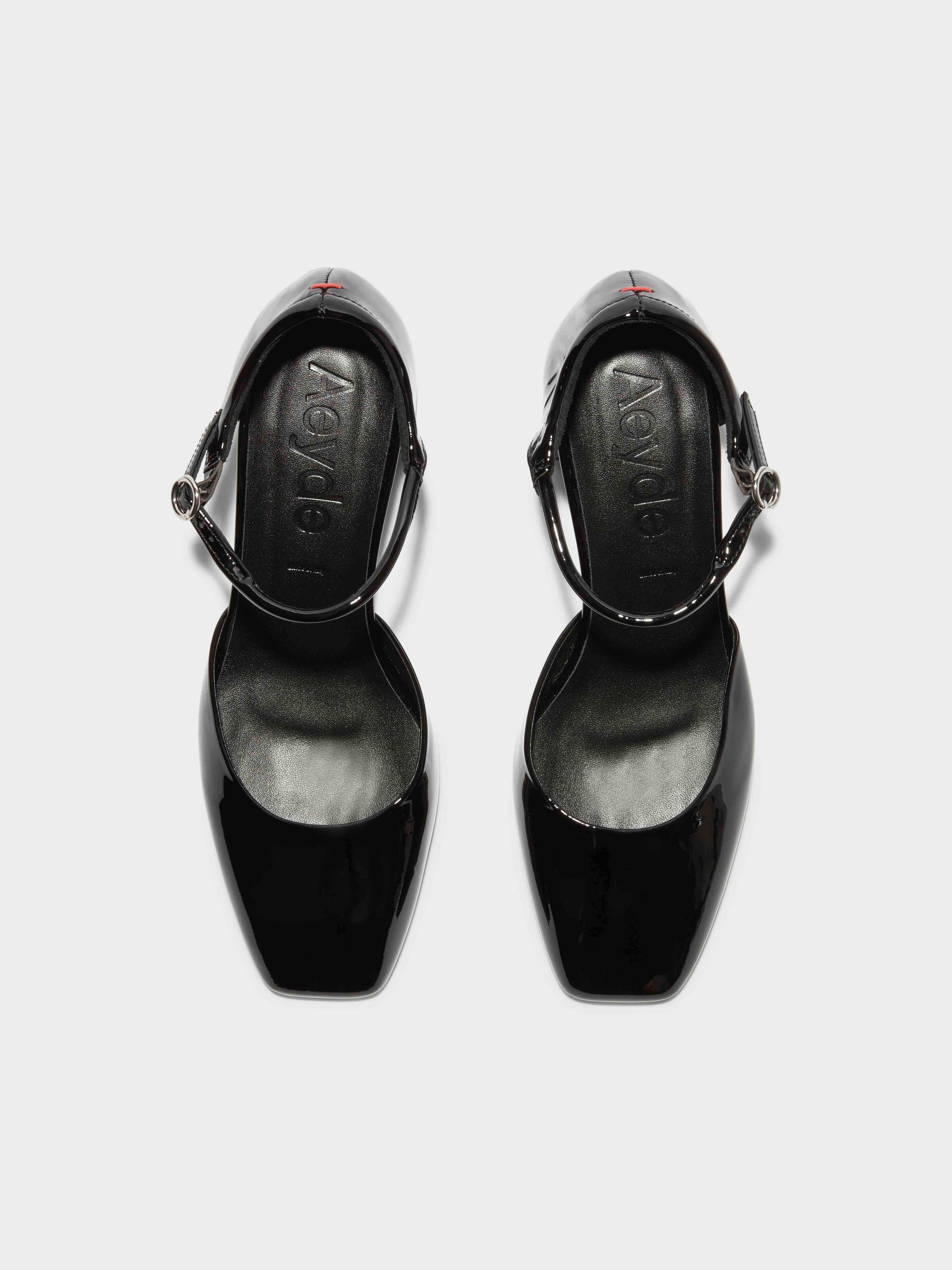 Aeyde | Magda Leather Mary-Jane Pumps Leather Pumps for Women | Black Patent | Square Toe | Flat Heel | Front View