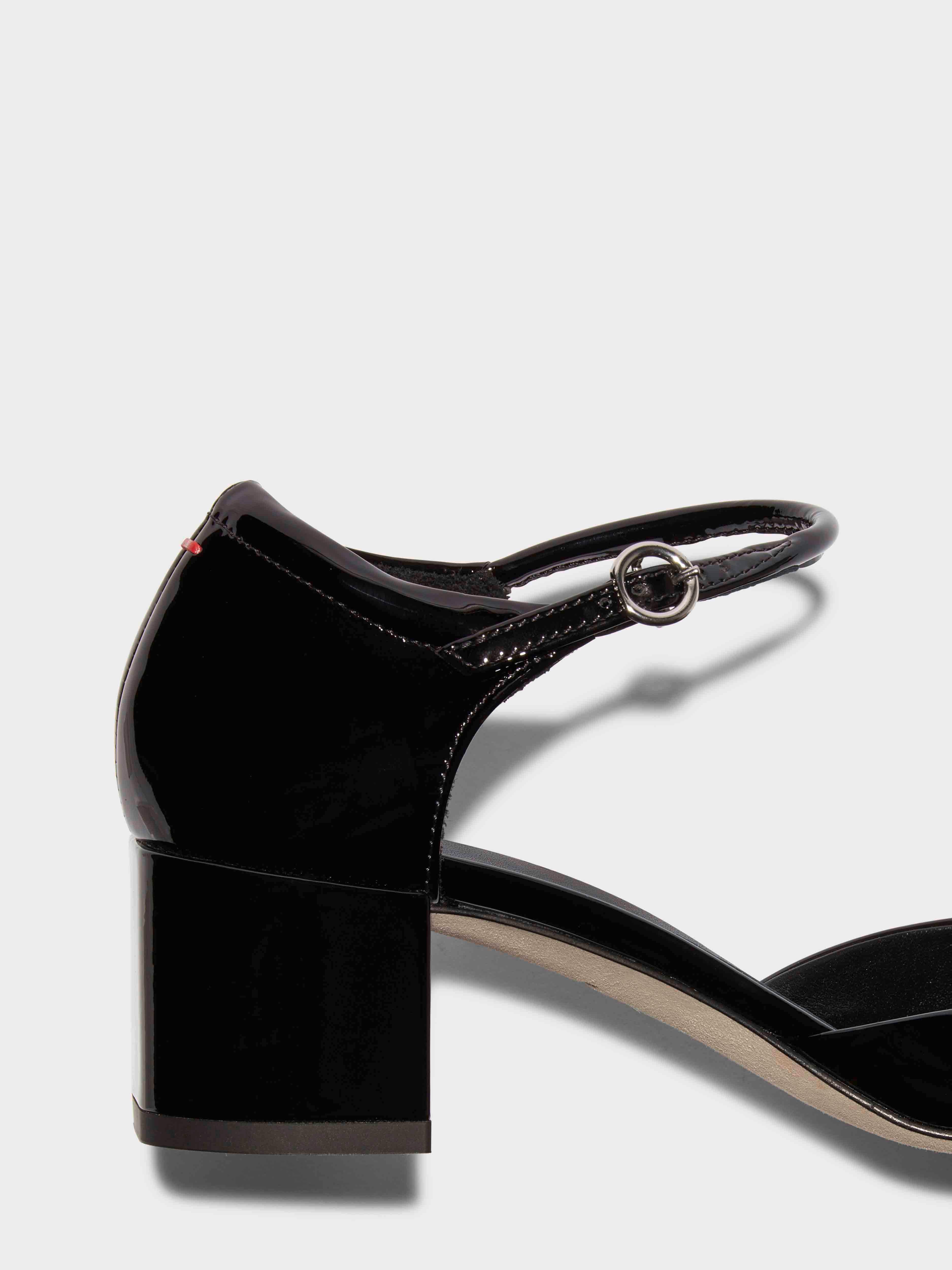 Aeyde | Magda Leather Mary-Jane Pumps Leather Pumps for Women | Black Patent | Square Toe | Flat Heel | Heel Details