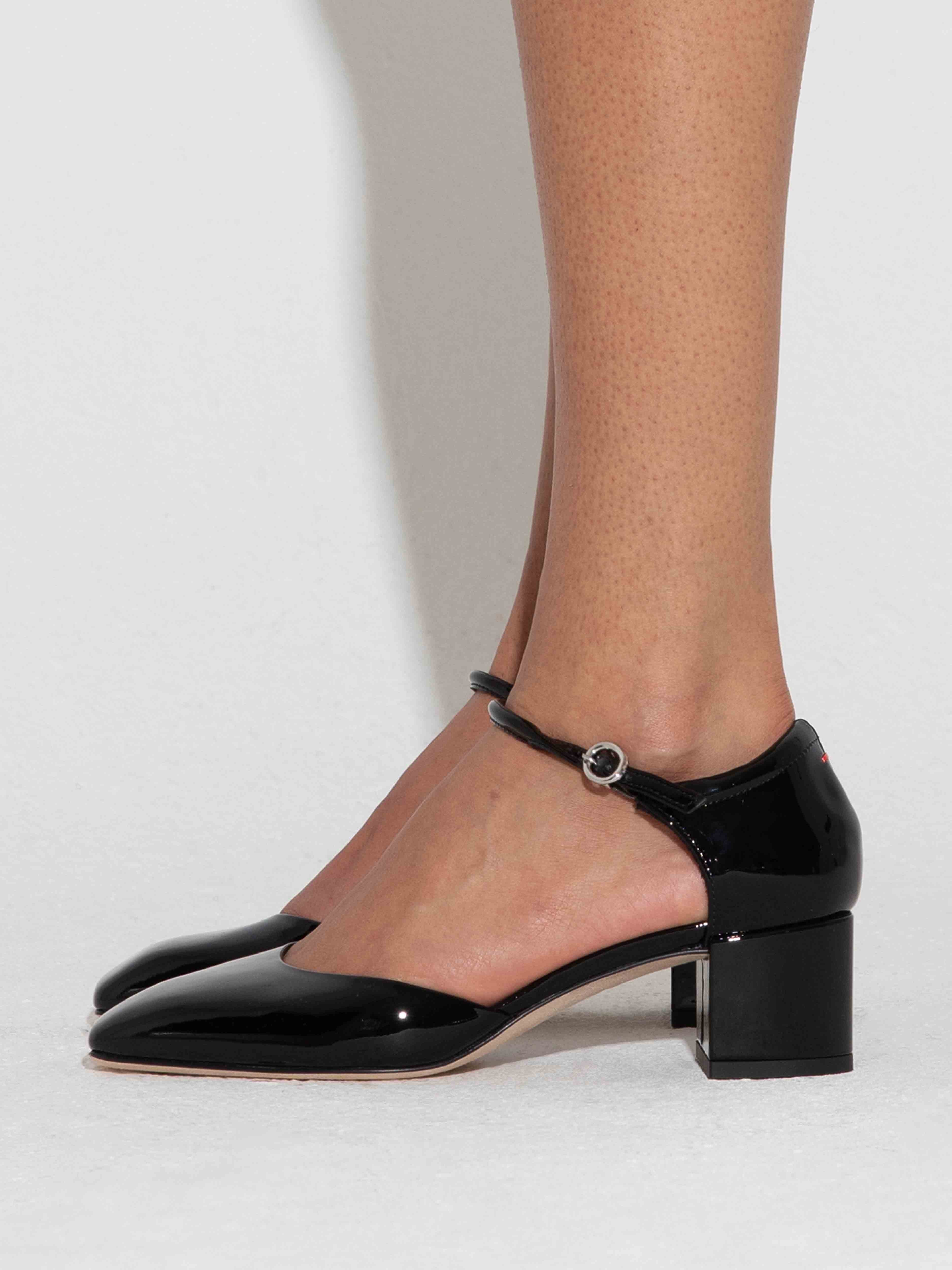 Aeyde | Magda Leather Mary-Jane Pumps Leather Pumps for Women | Black Patent | Square Toe | Flat Heel | How to Style