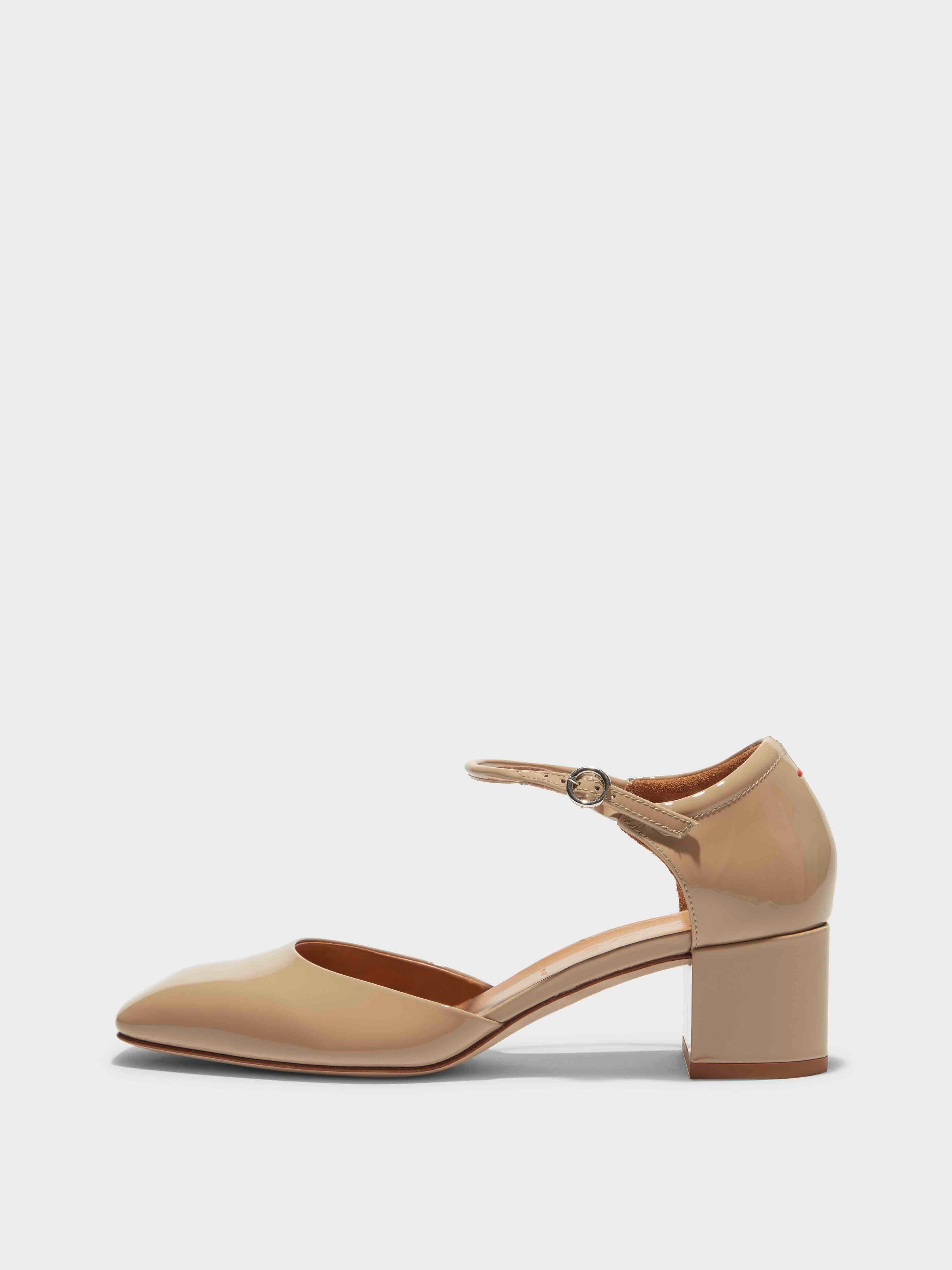 Aeyde | Magda Leather Mary-Jane Pumps Leather Pumps for Women | Latte Patent | Square Toe | Flat Heel | Side View