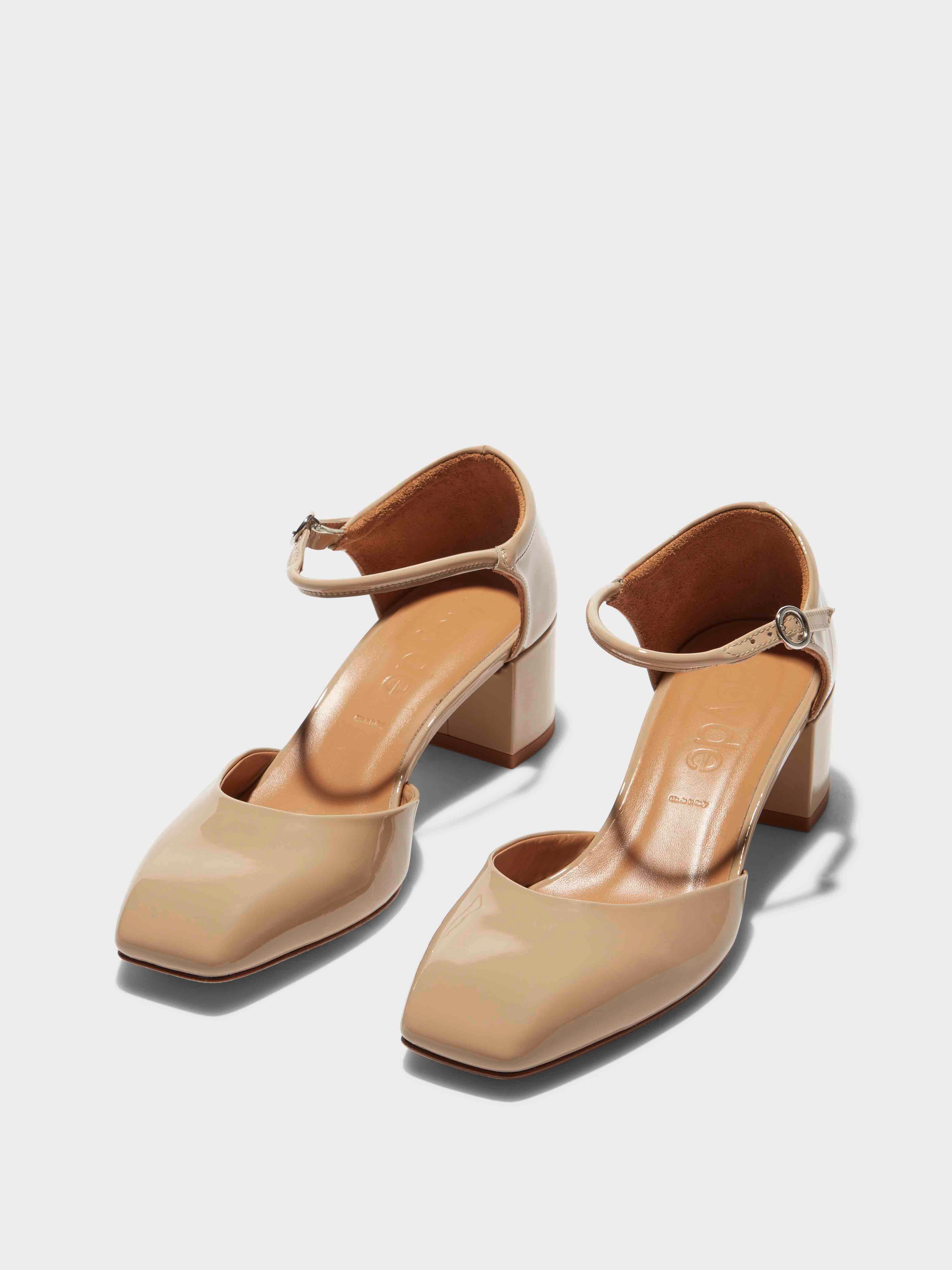 Aeyde | Magda Leather Mary-Jane Pumps Leather Pumps for Women | Latte Patent | Square Toe | Flat Heel | On Feet