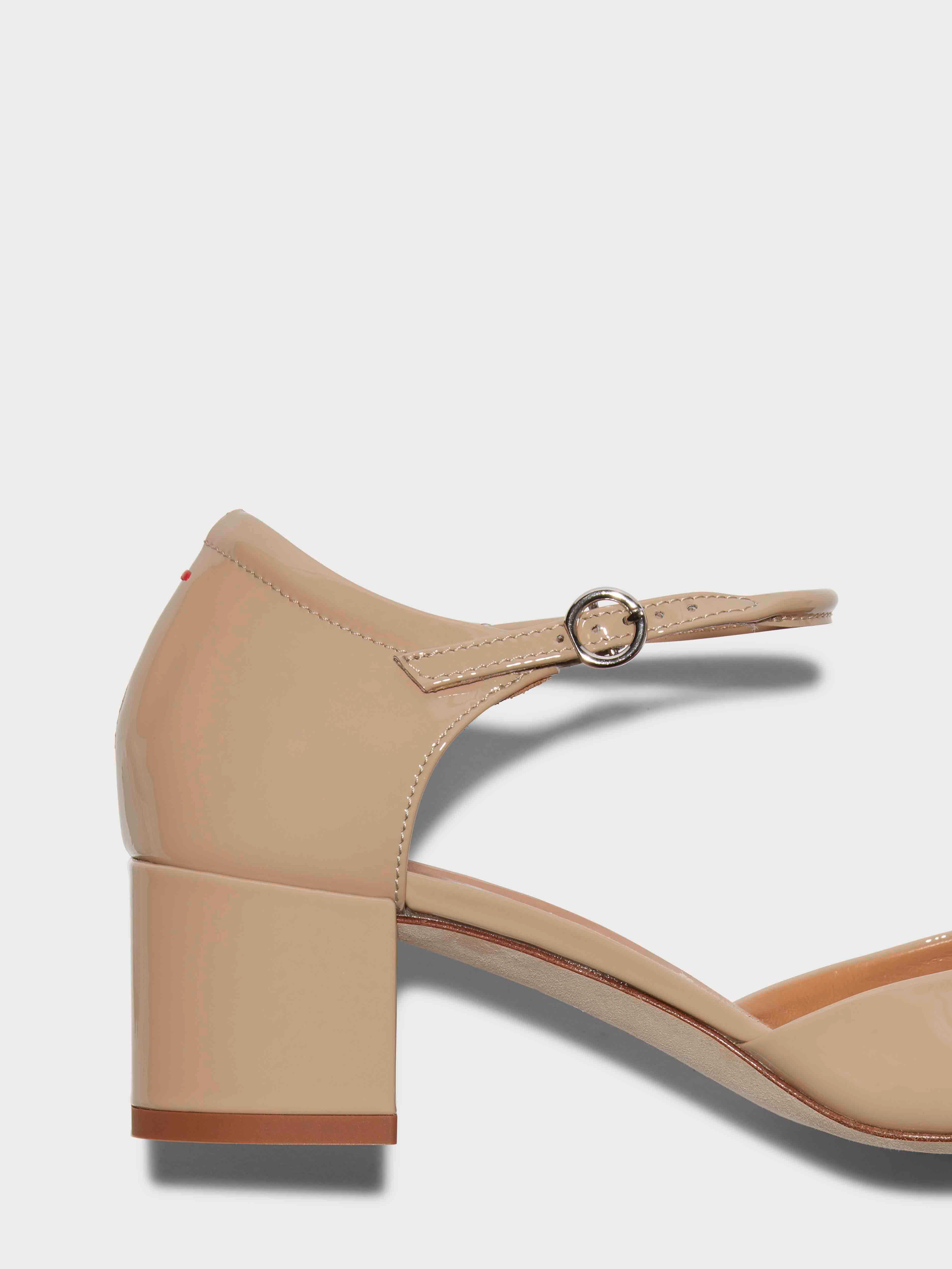 Aeyde | Magda Leather Mary-Jane Pumps Leather Pumps for Women | Latte Patent | Square Toe | Flat Heel | Heel Details