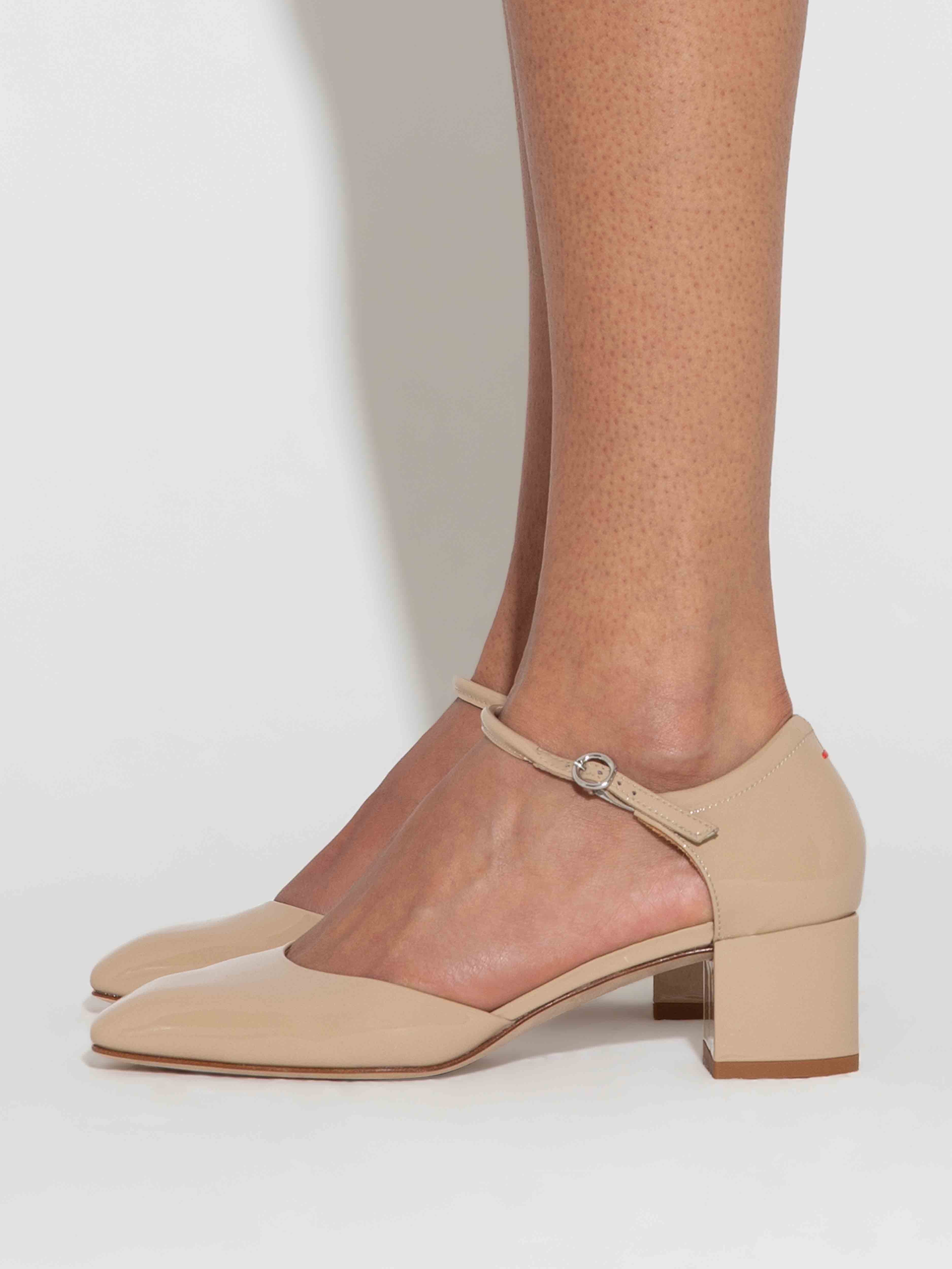 Aeyde | Magda Leather Mary-Jane Pumps Leather Pumps for Women | Latte Patent | Square Toe | Flat Heel | How to Style