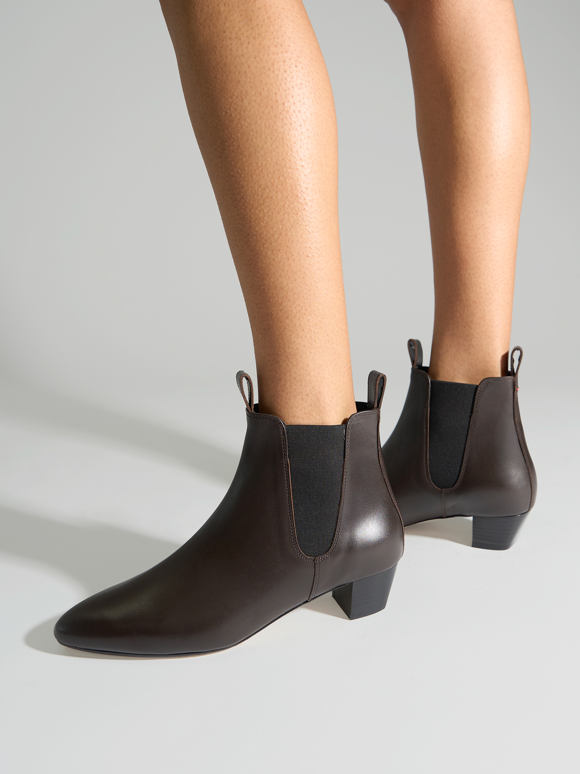 Aeyde | Malu Leather Ankle Boots Leather Ankle Boots for Women | Moka Calf | Round Toe | Low Heel | On Feet