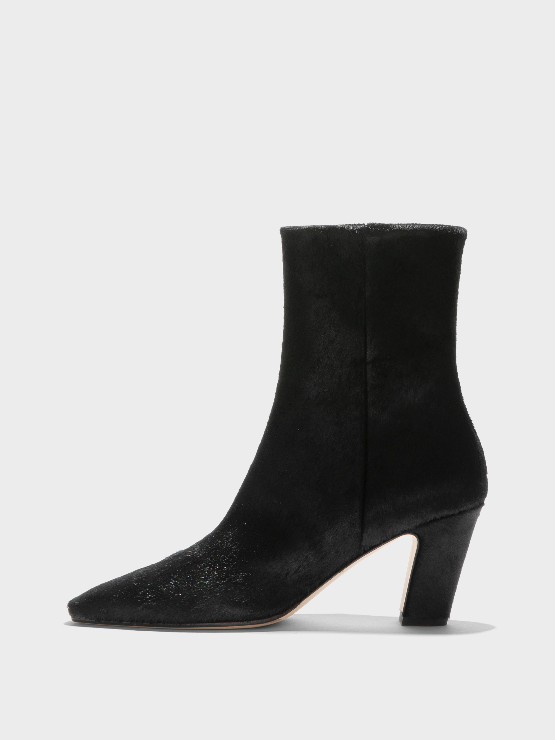 Aeyde | Maris Pony Hair Ankle Boots Leather Ankle Boots for Women | Black Ponyhair | Square Toe | High Heel | Side View