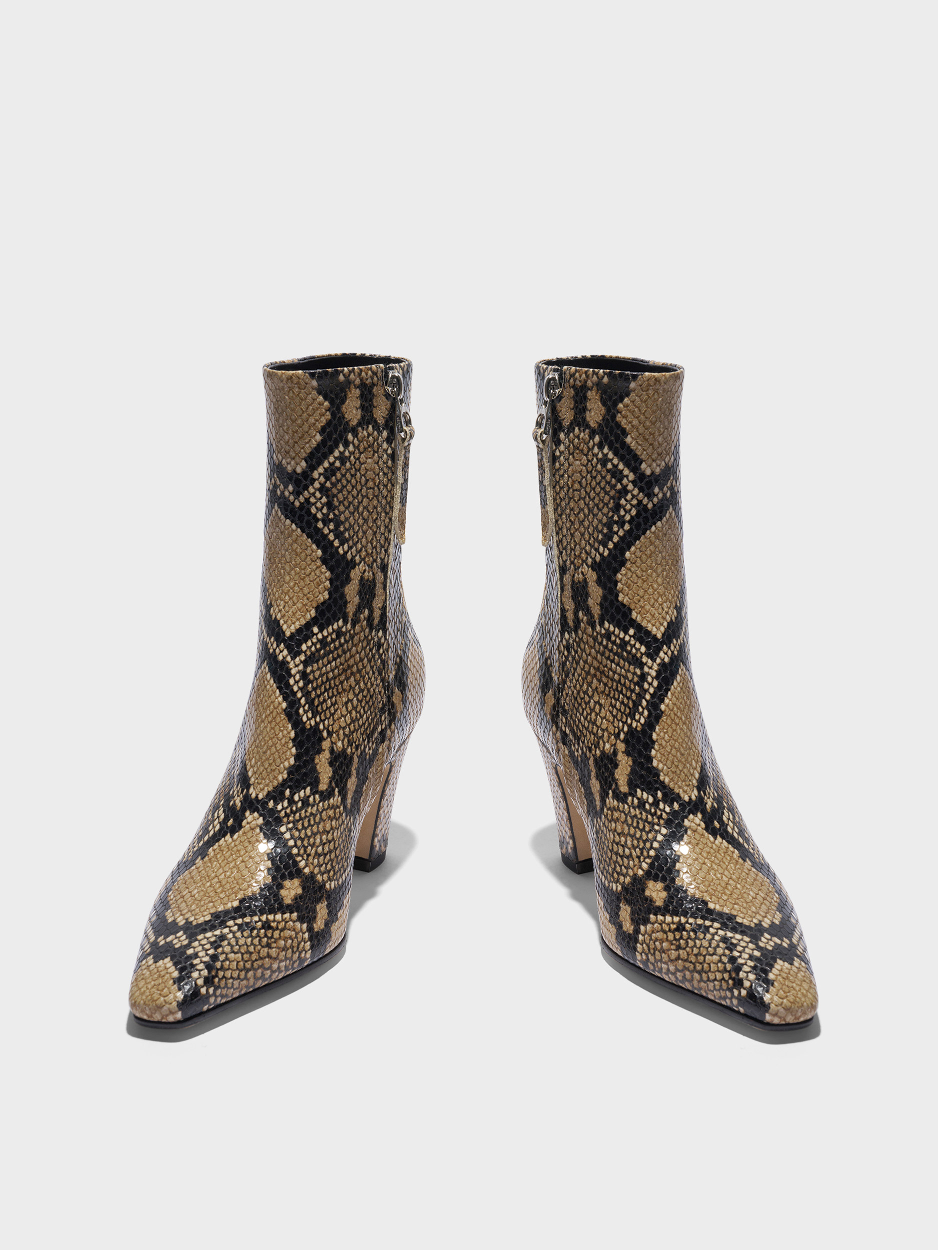 Aeyde | Maris Leather Ankle Boots Leather Ankle Boots for Women | Hazelnut Snake | Square Toe | High Heel | Heel Details
