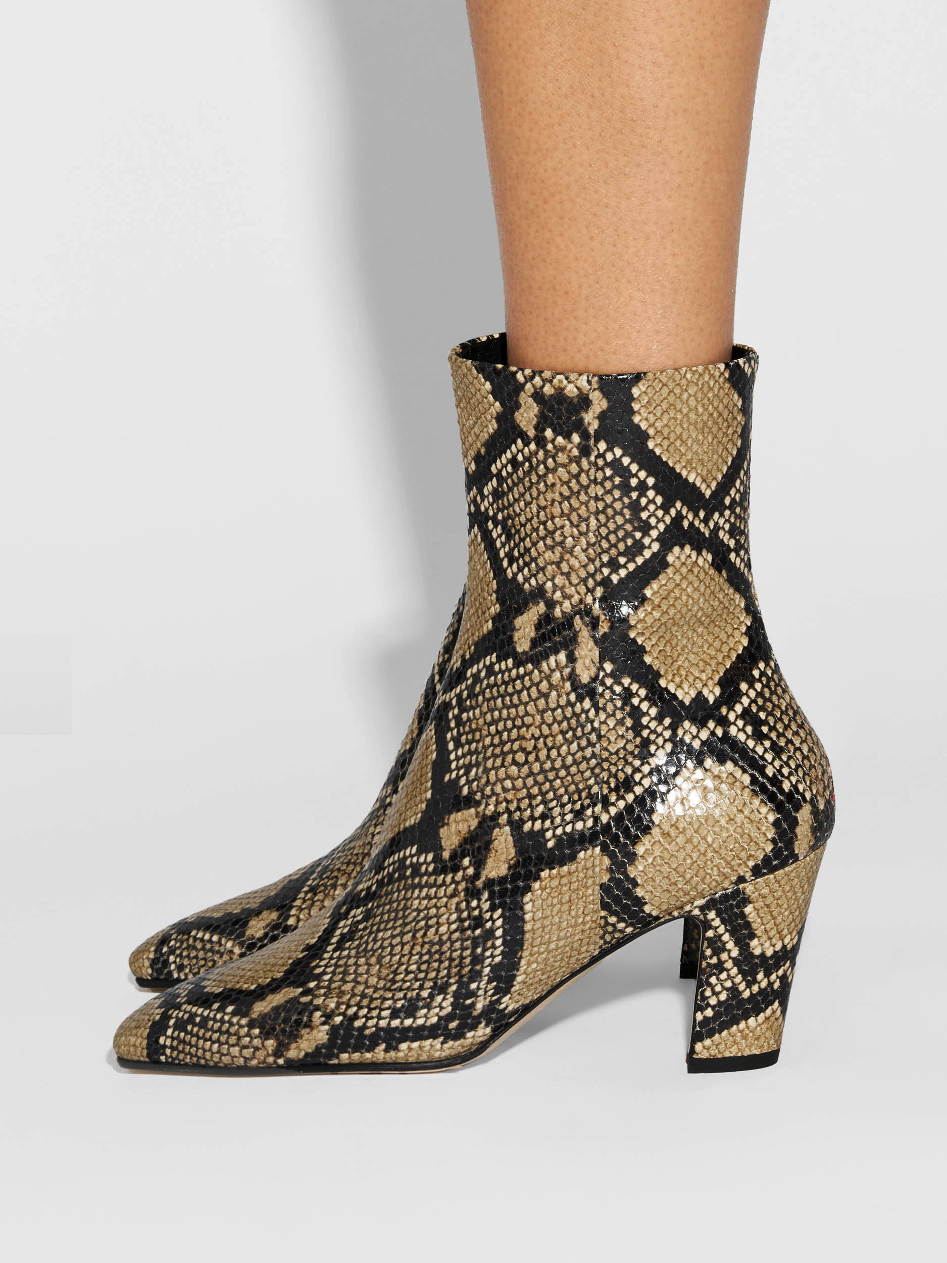 Aeyde | Maris Leather Ankle Boots Leather Ankle Boots for Women | Hazelnut Snake | Square Toe | High Heel | How to Style