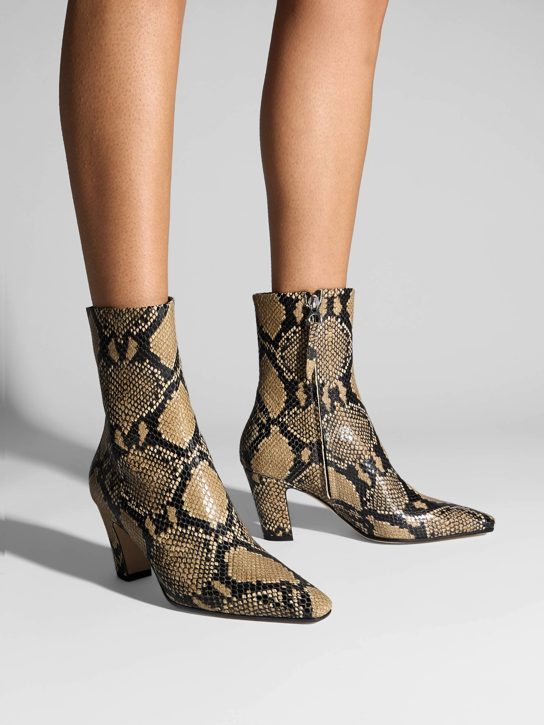 Aeyde | Maris Leather Ankle Boots Leather Ankle Boots for Women | Hazelnut Snake | Square Toe | High Heel | On Feet