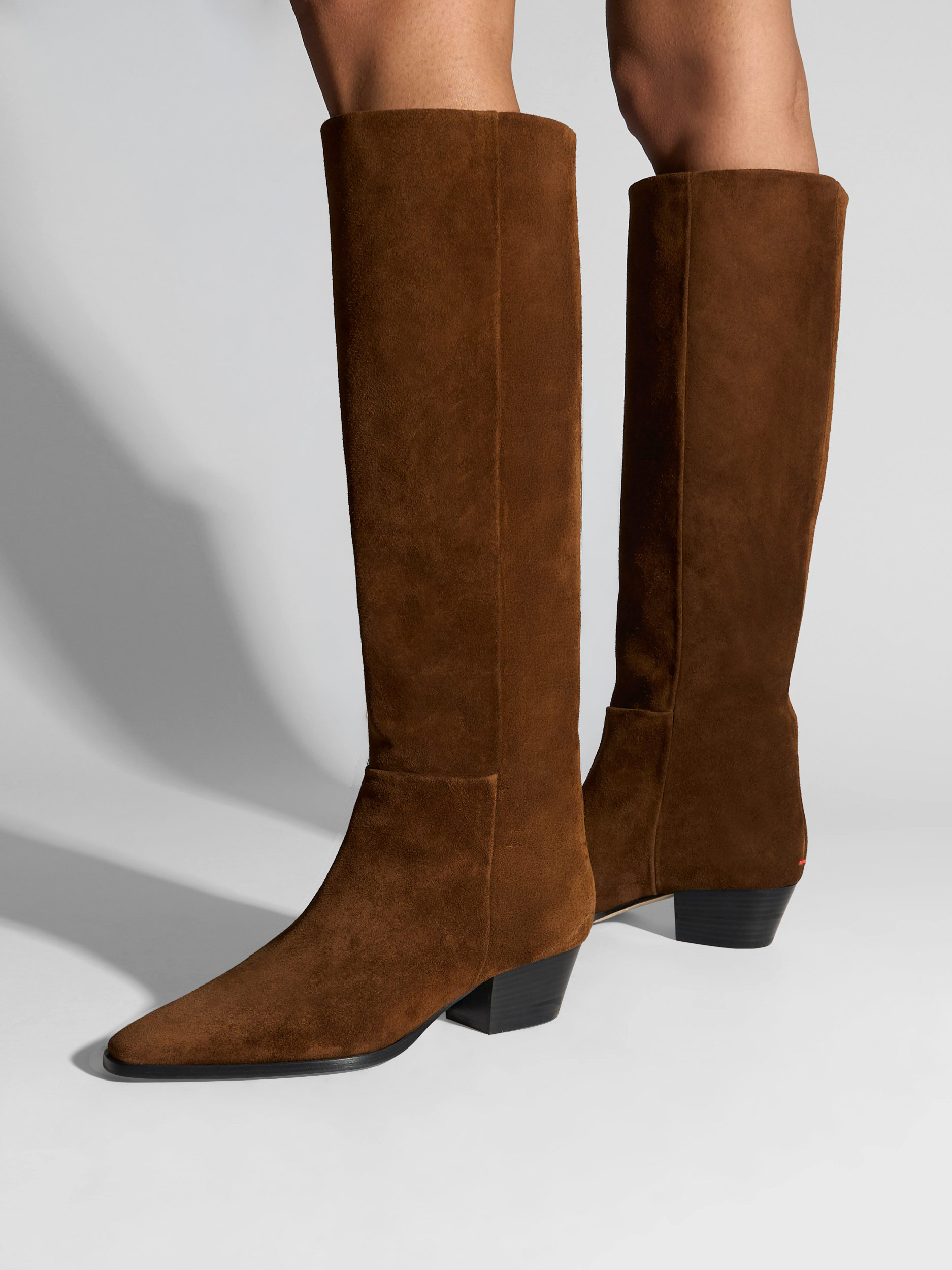 Aeyde | Medea Knee-High Boots Leather Knee High Boots for Women | Brown Suede | Square Toe | Mid Heel | On Feet