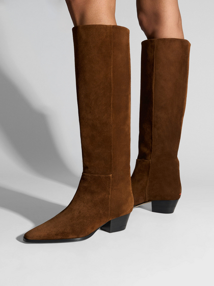 Aeyde | Medea Knee-High Boots Leather Knee High Boots for Women | Brown Suede | Square Toe | Mid Heel | On Feet
