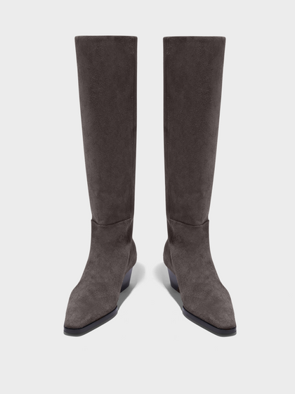 Aeyde | Medea Knee-High Boots Leather Knee High Boots for Women | Taupe Suede | Square Toe | Mid Heel | Front View