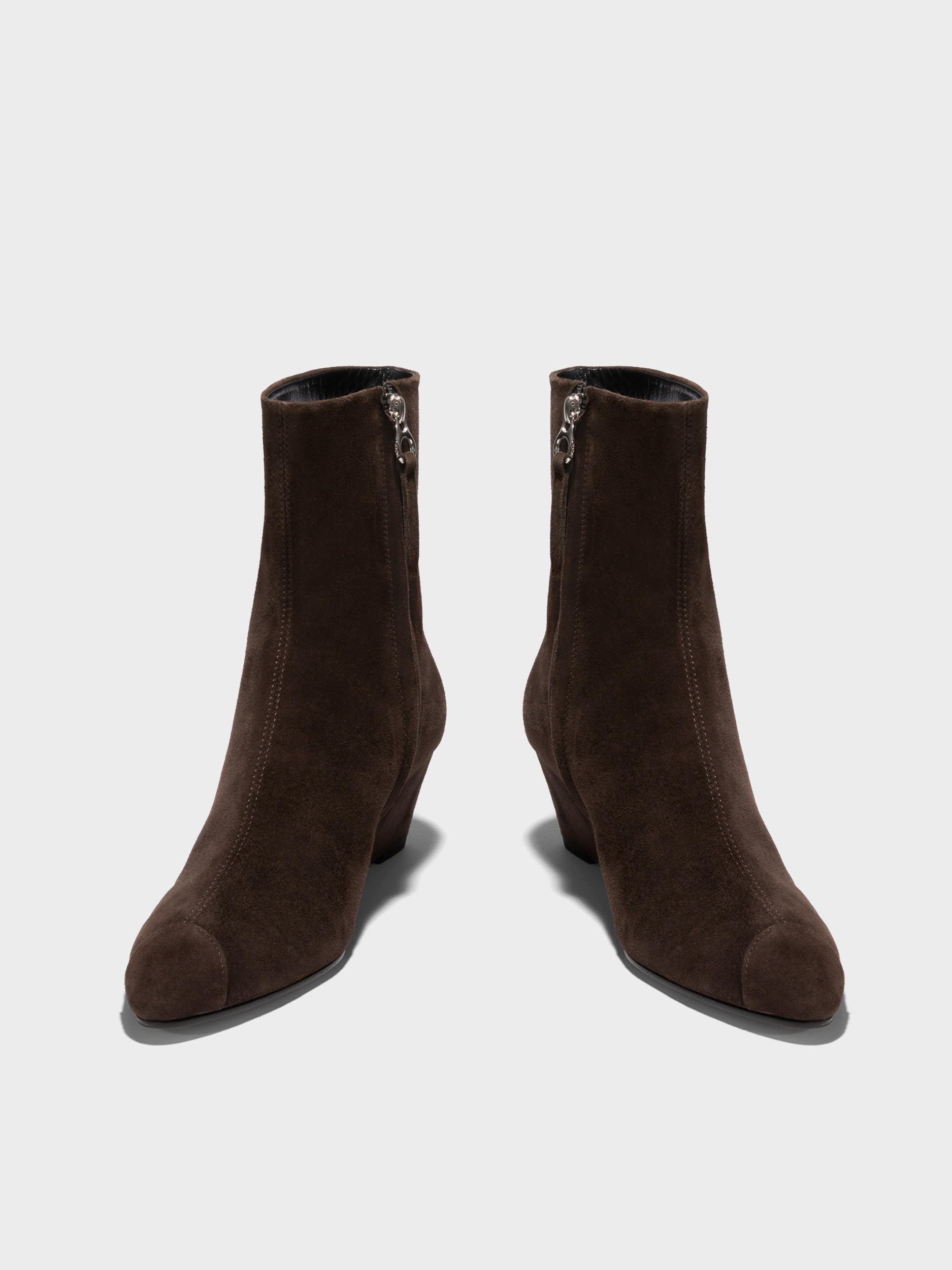 Aeyde | Mia Cap Leather Ankle Boots for Women | Moka Suede | Round Toe | Mid Heel | Front View
