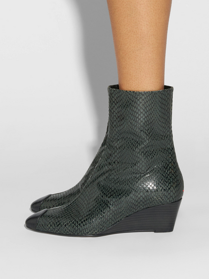 Aeyde | Mia Cap Leather Ankle Boots for Women | Moss/Black Mini Snake/Nappa | Round Toe | Mid Heel | How to Style