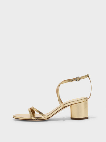 Aeyde | Mirella Leather Heeled Sandals for Women | Gold Nappa | Round Toe | Mid Heel | Side View
