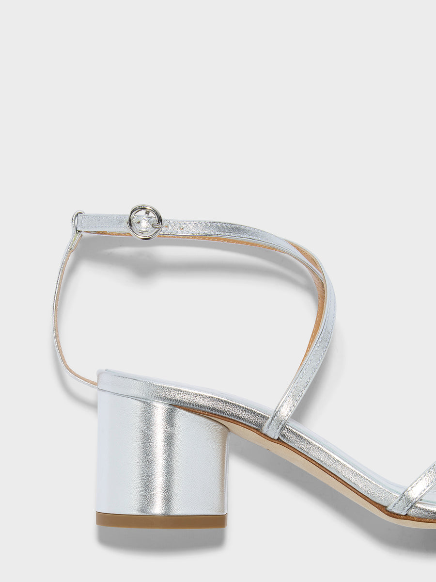 Aeyde | Mirella Leather Heeled Sandals for Women | Silver Nappa | Round Toe | Mid Heel | Heel Details