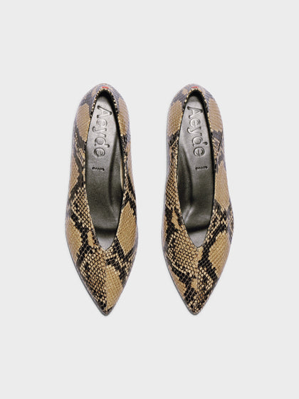 Aeyde | Moa Pointed-Toe Flats Leather Flats for Women | Hazelnut Snake | Pointed Toe | Flat Heel | Front View