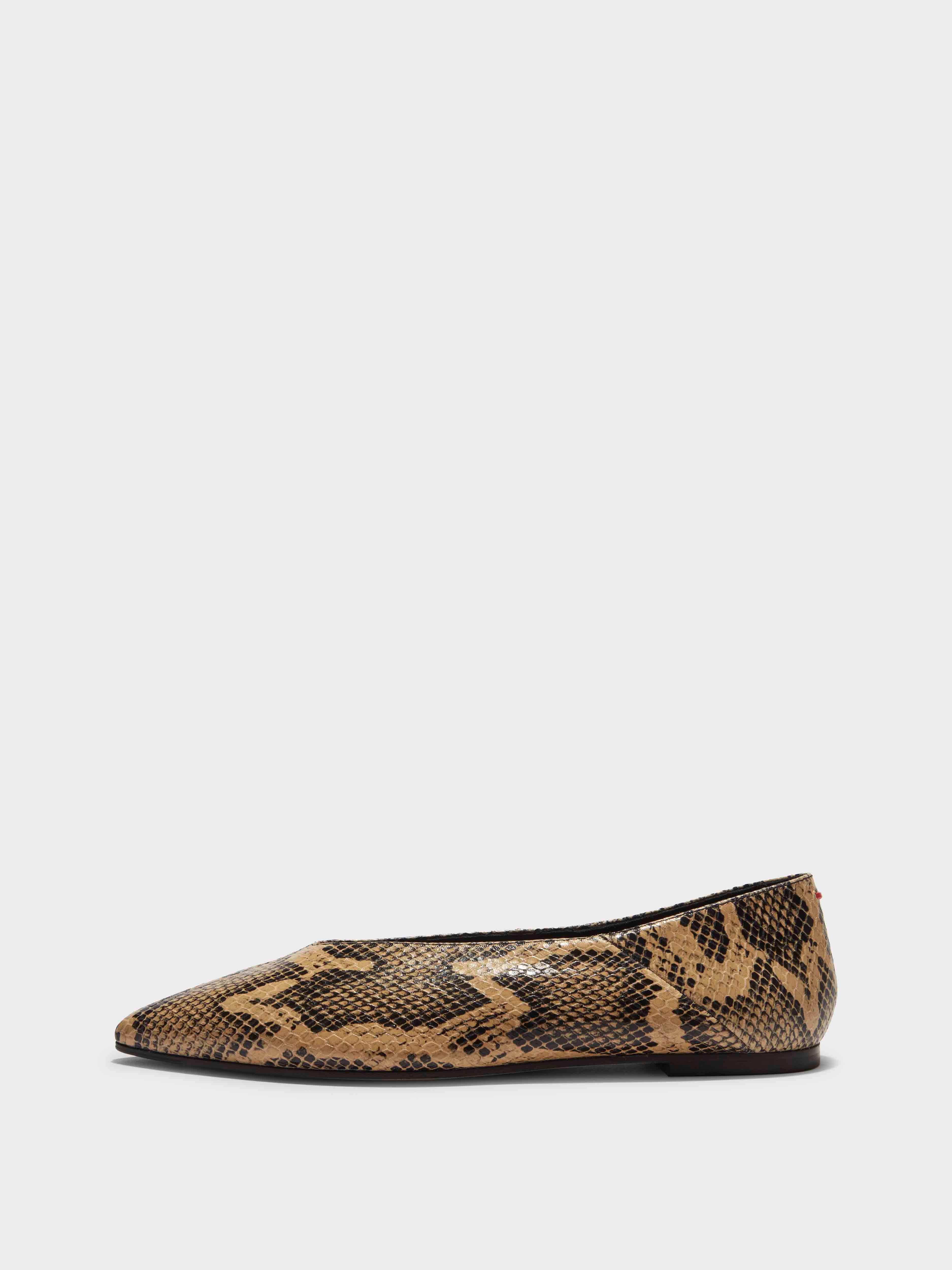Aeyde | Moa Leather Flats for Women | Latte Snake | Pointed Toe | Flat Heel | Side View