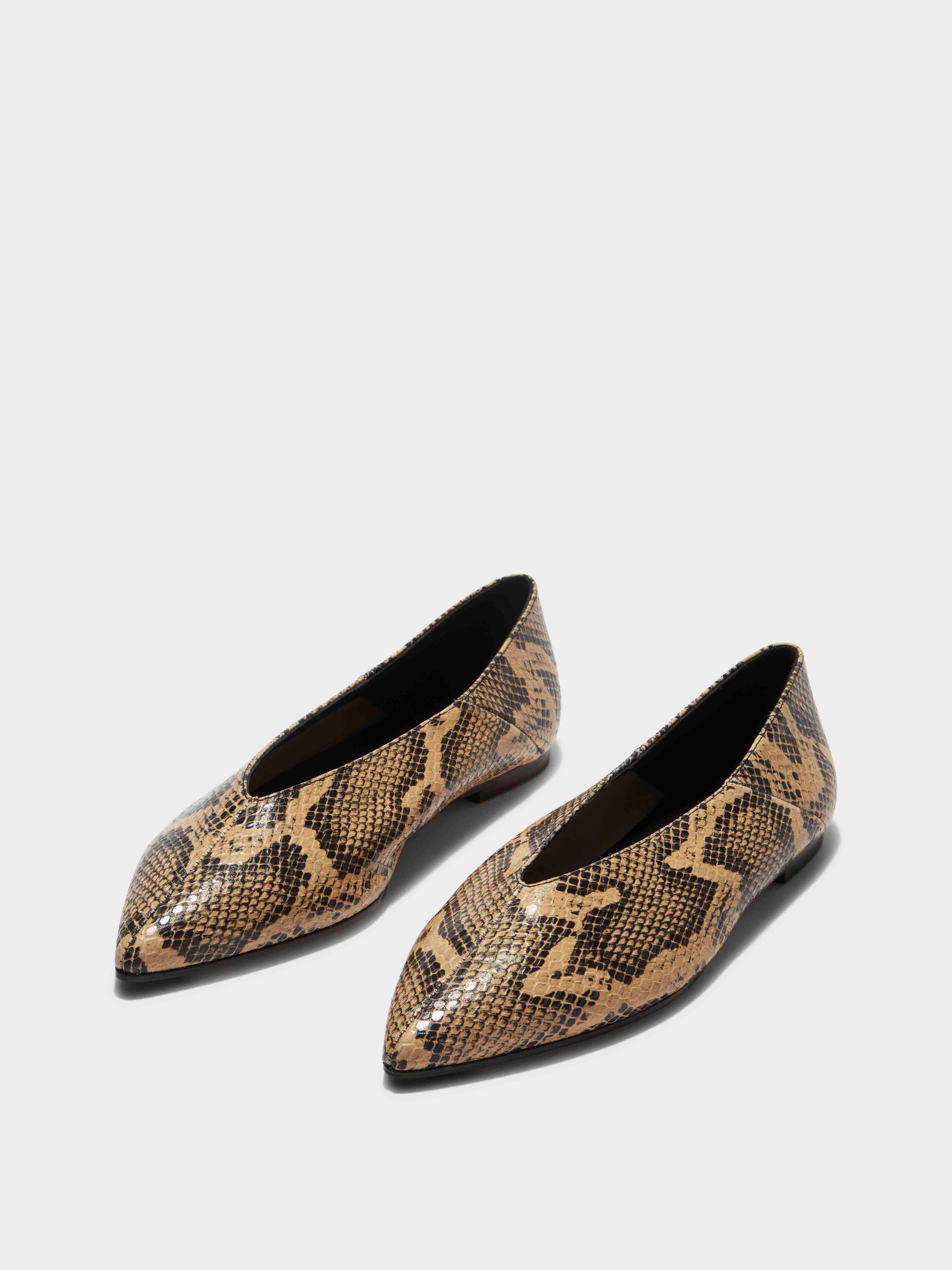 Aeyde | Moa Leather Flats for Women | Latte Snake | Pointed Toe | Flat Heel | On Feet