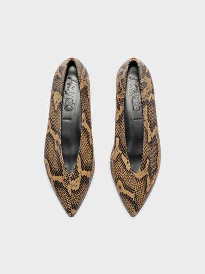 Aeyde | Moa Leather Flats for Women | Latte Snake | Pointed Toe | Flat Heel | Front View