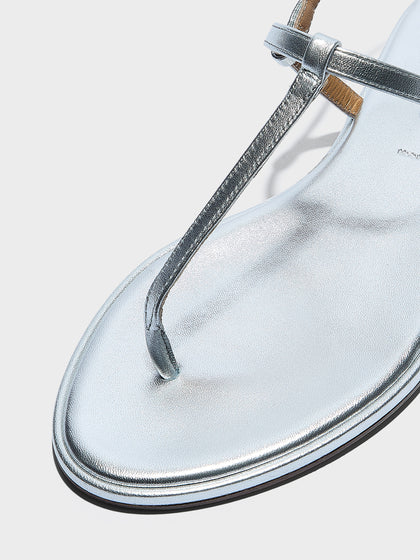 Aeyde | Nala Leather Flat Sandals for Women | Silver Nappa | Round Toe | Flat Heel | Heel Details