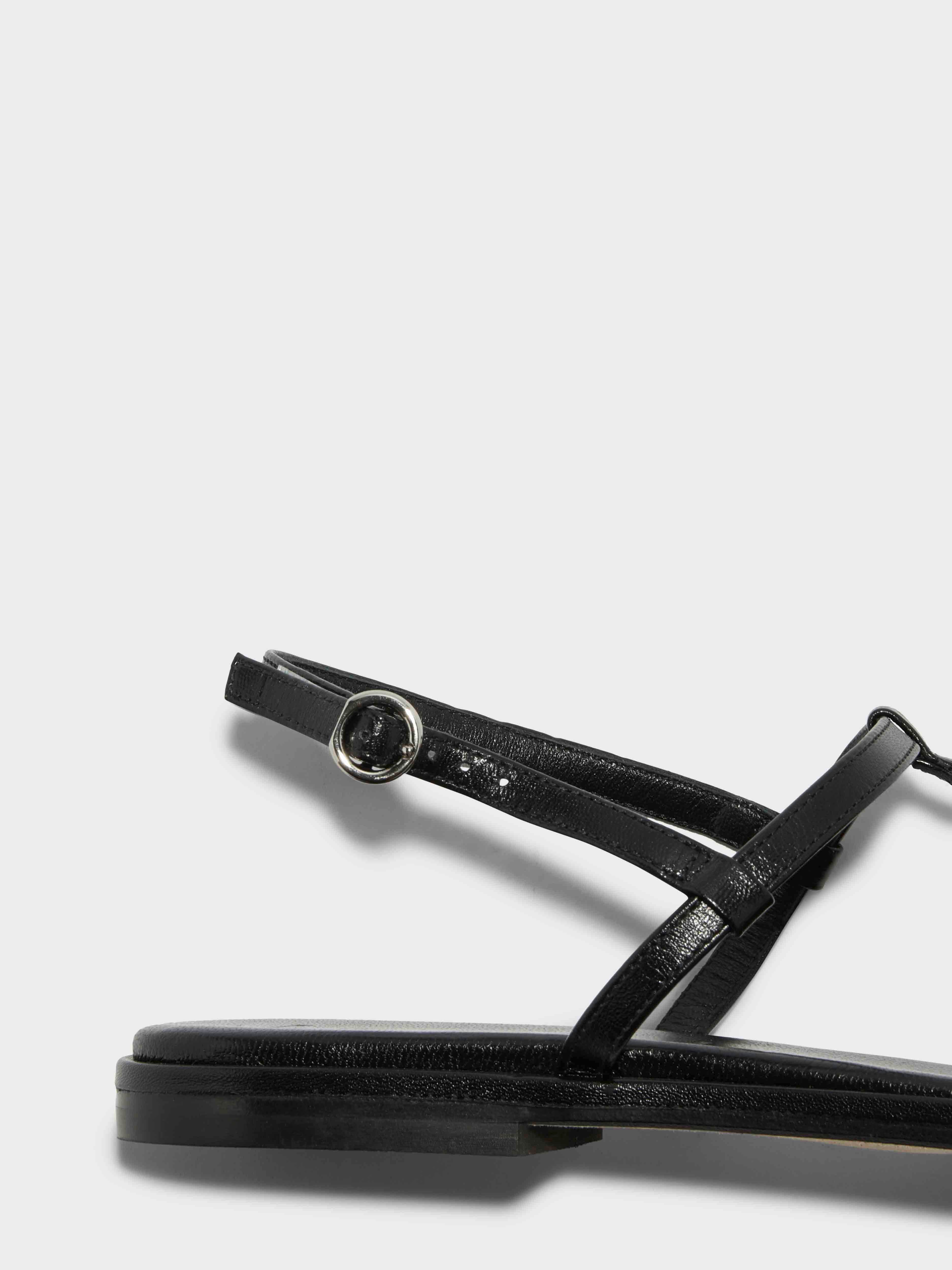 Aeyde | Nala T-Bar Sandals Leather Flat Sandals for Women | Black Nappa | Round Toe | Flat Heel | Heel Details