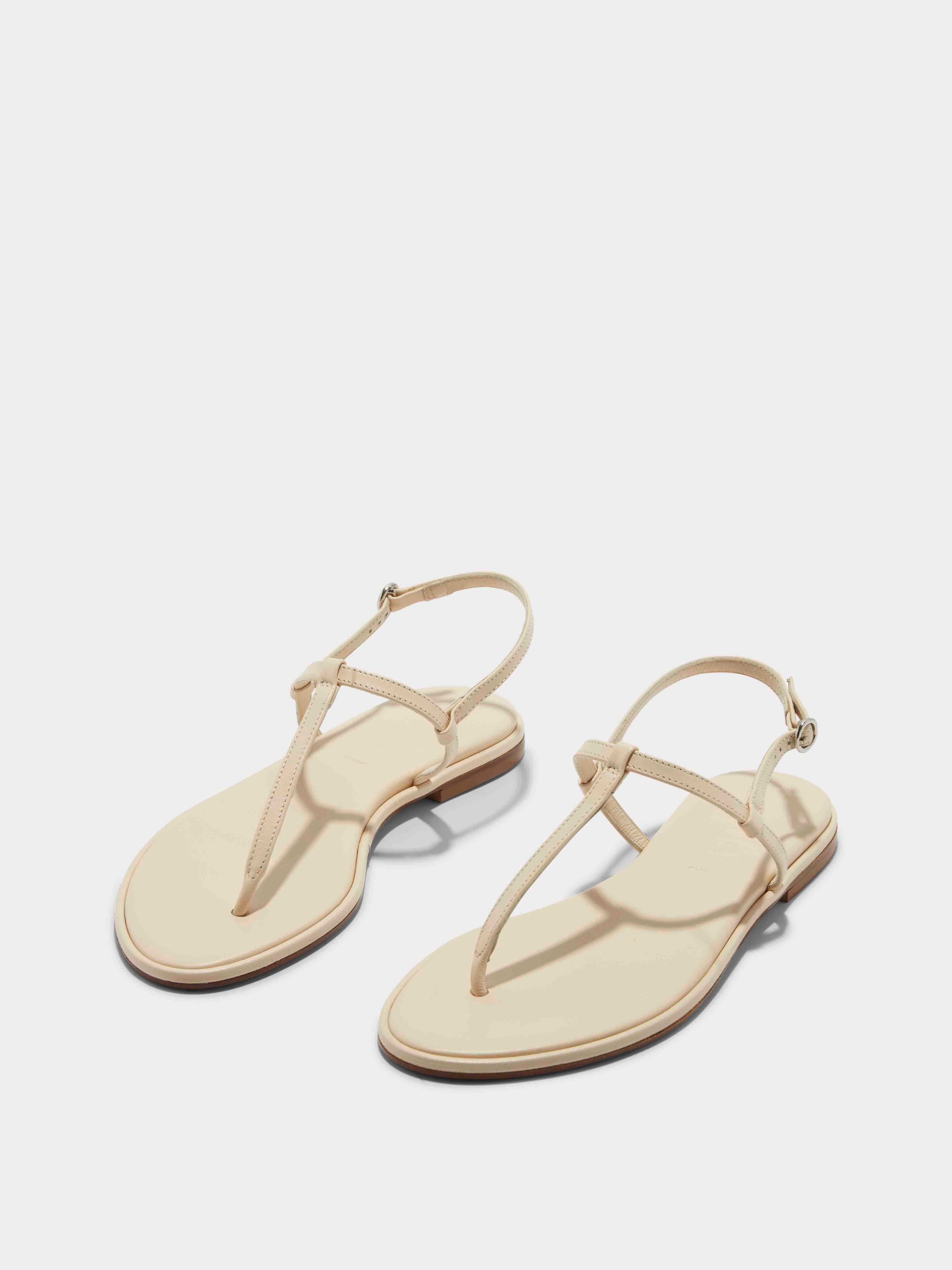 Aeyde | Nala T-Bar Sandals Leather Flat Sandals for Women | Creamy Nappa | Round Toe | Flat Heel | On Feet