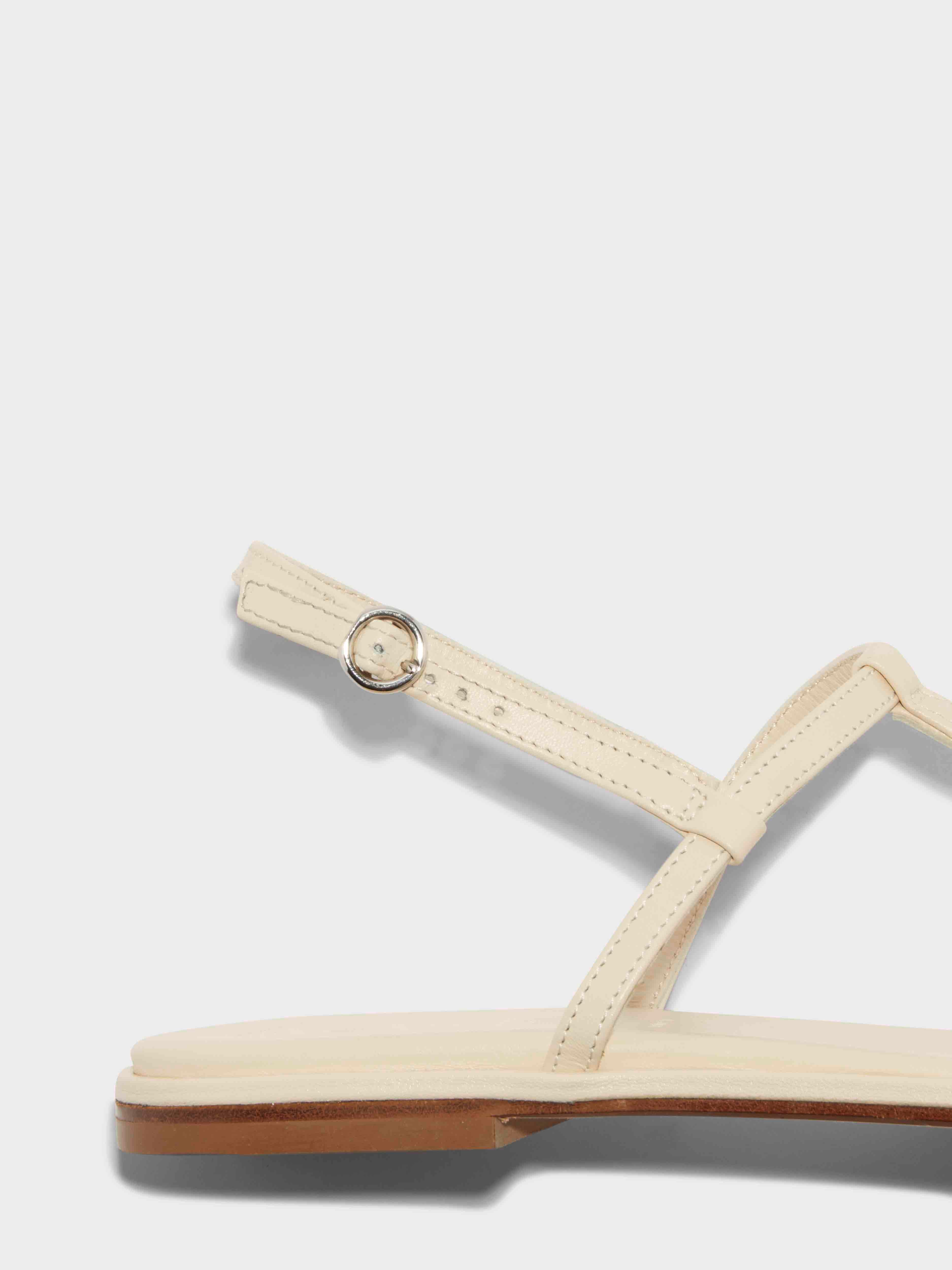 Aeyde | Nala T-Bar Sandals Leather Flat Sandals for Women | Creamy Nappa | Round Toe | Flat Heel | Heel Details