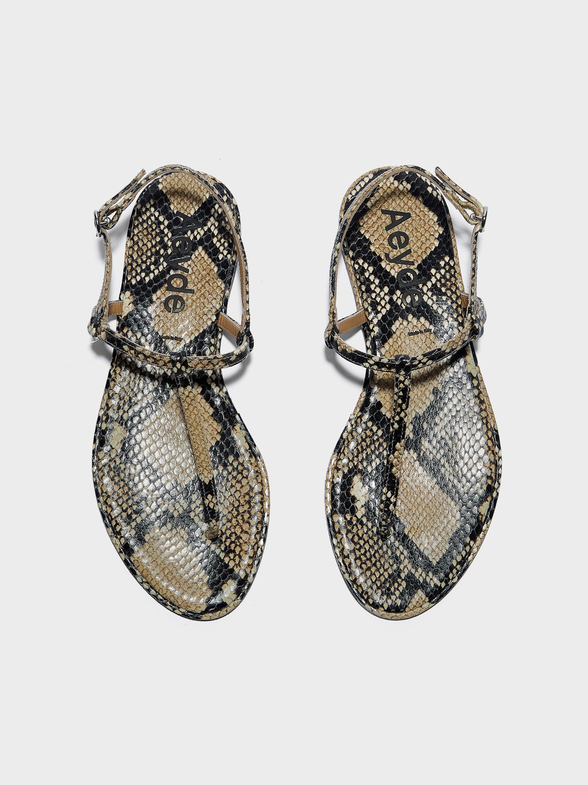 Aeyde | Nala Leather Flat Sandals for Women | Hazelnut Snake | Round Toe | Flat Heel | Front View