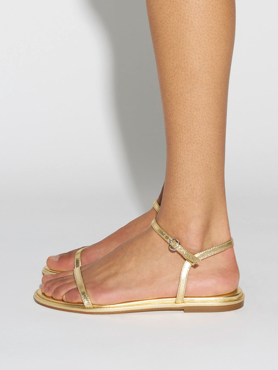 Aeyde | Nettie Leather Flat Sandals for Women | Gold Laminated Nappa | Round Toe | Flat Heel | How to Style
