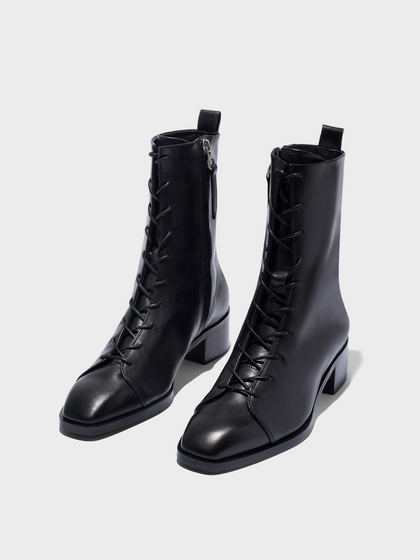 Aeyde | Noel Leather Ankle Boots Leather Ankle Boots for Women | Black Calf | Square Toe | Low Heel | Luxury Materials | Handmade in Italy