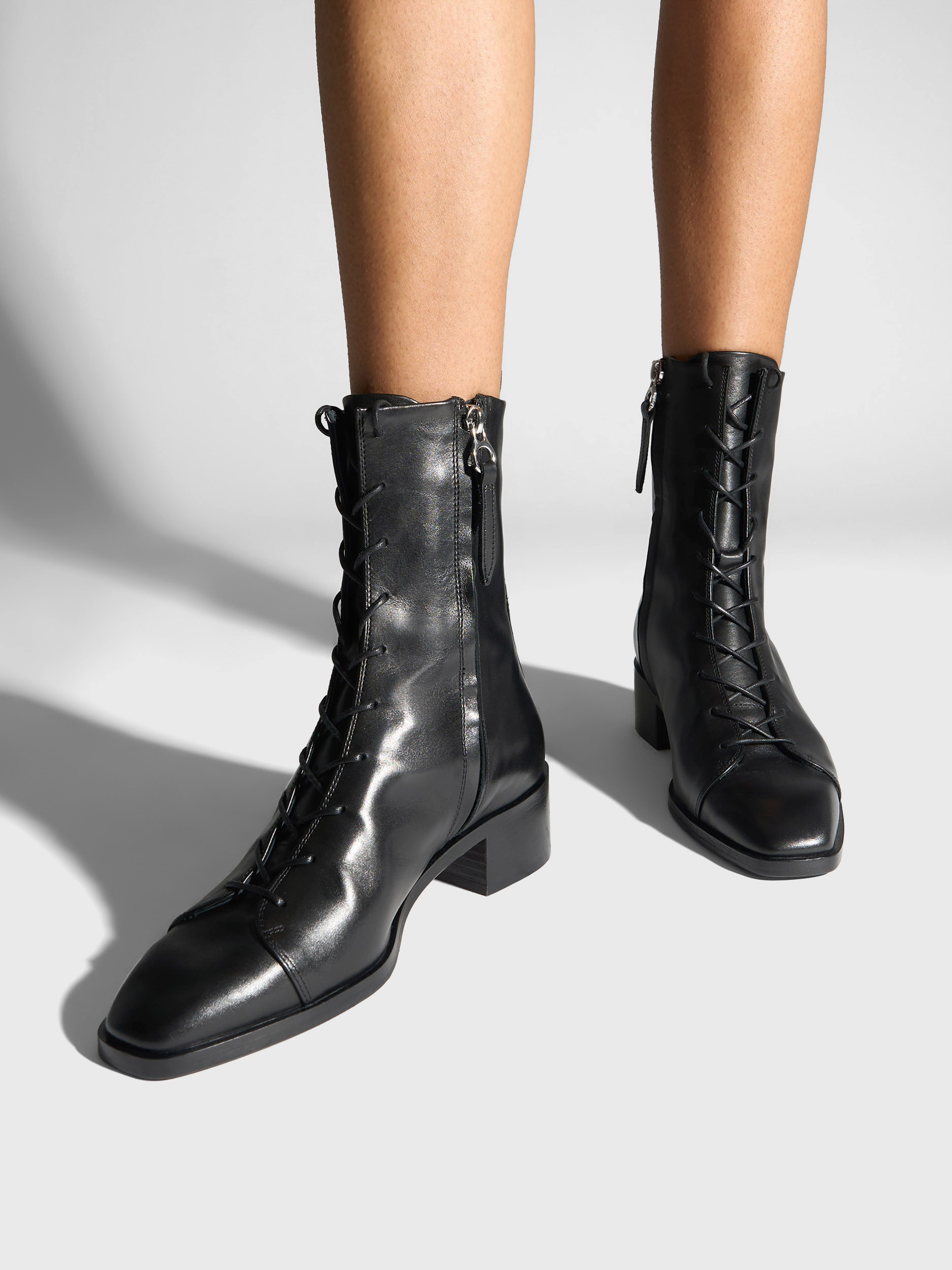 Aeyde | Noel Leather Ankle Boots Leather Ankle Boots for Women | Black Calf | Square Toe | Low Heel | On Feet