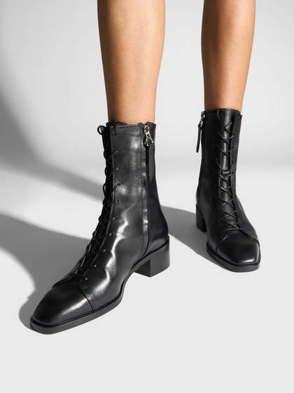 Aeyde | Noel Leather Ankle Boots Leather Ankle Boots for Women | Black Calf | Square Toe | Low Heel | On Feet