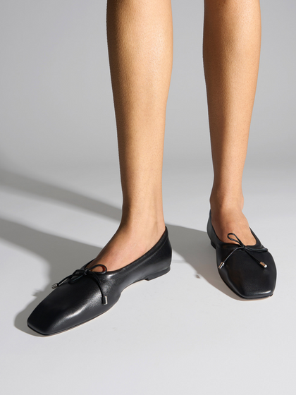 Aeyde | Nomi Glove-Fit Flats Leather Flats for Women | Black Lambskin | Square Toe | Flat Heel | On Feet