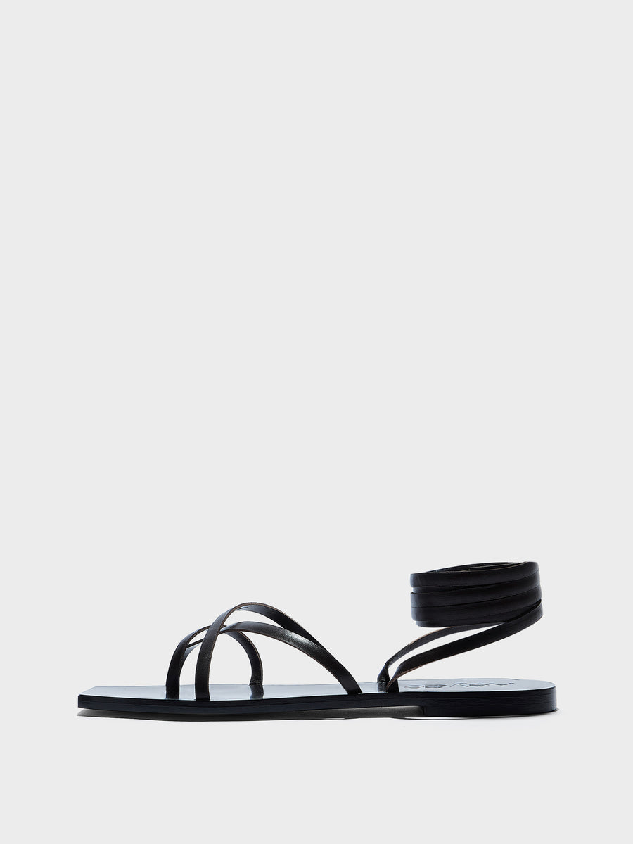 Aeyde | Norah Leather Flat Sandals for Women | Black Calf | Square Toe | Flat Heel | Side View