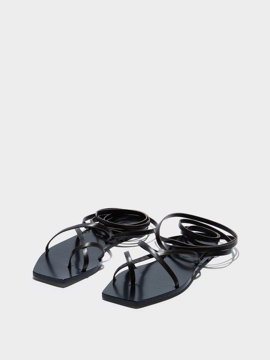 Aeyde | Norah Leather Flat Sandals for Women | Black Calf | Square Toe | Flat Heel | Luxury Materials | Handmade in Italy