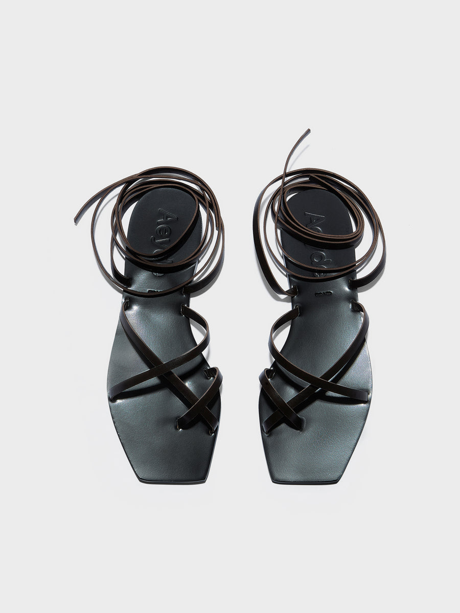 Aeyde | Norah Leather Flat Sandals for Women | Black Calf | Square Toe | Flat Heel | Front View