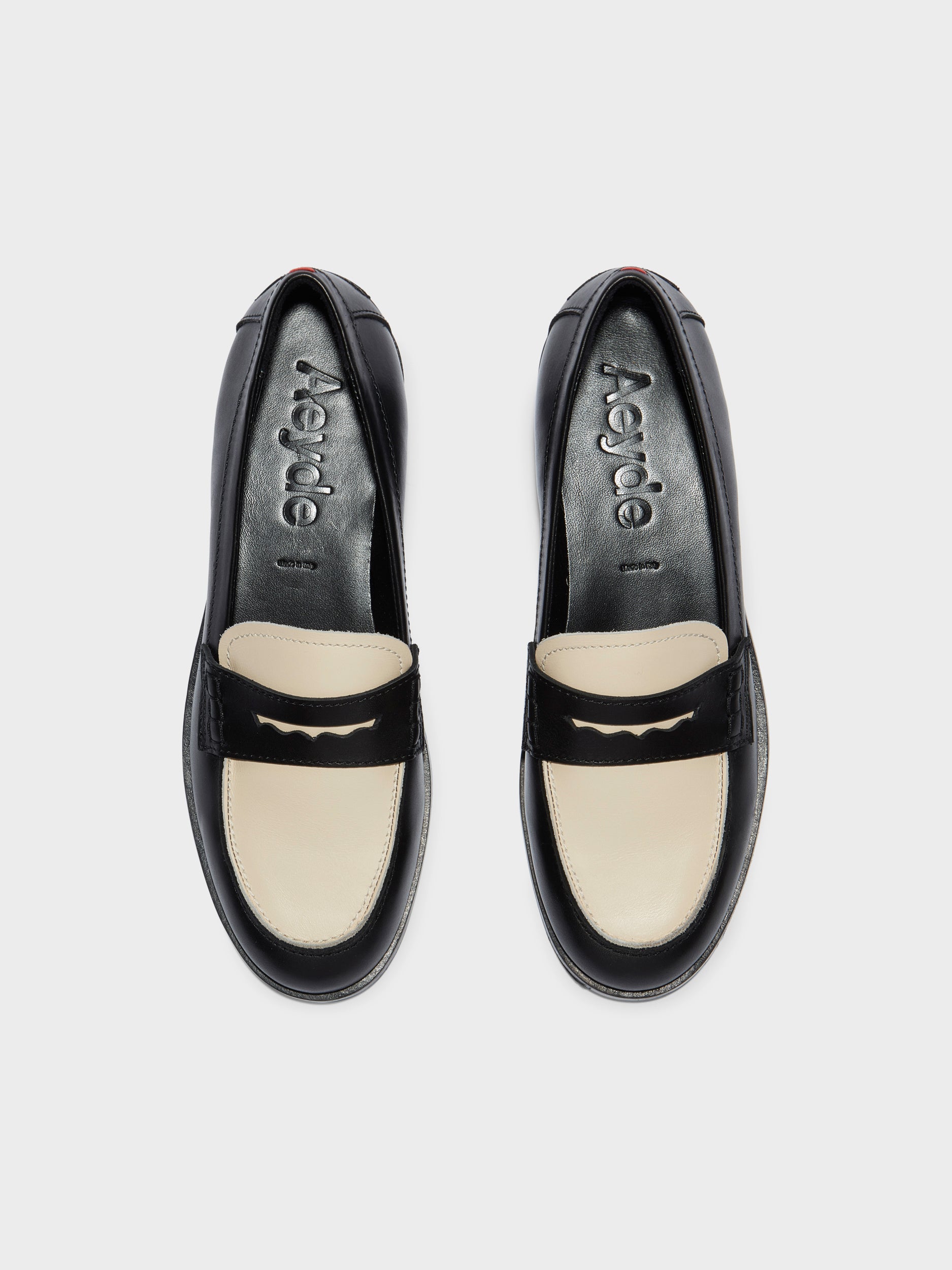 Aeyde | Oscar Leather Flats for Women | Black/Creamy Calf | Round Toe | Low Heel | Front View