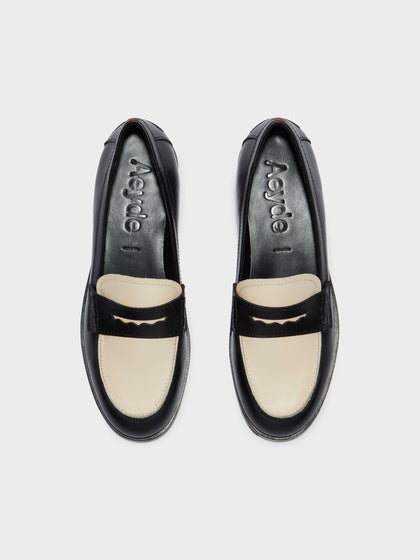 Aeyde | Oscar Leather Flats for Women | Black/Creamy Calf | Round Toe | Low Heel | Front View
