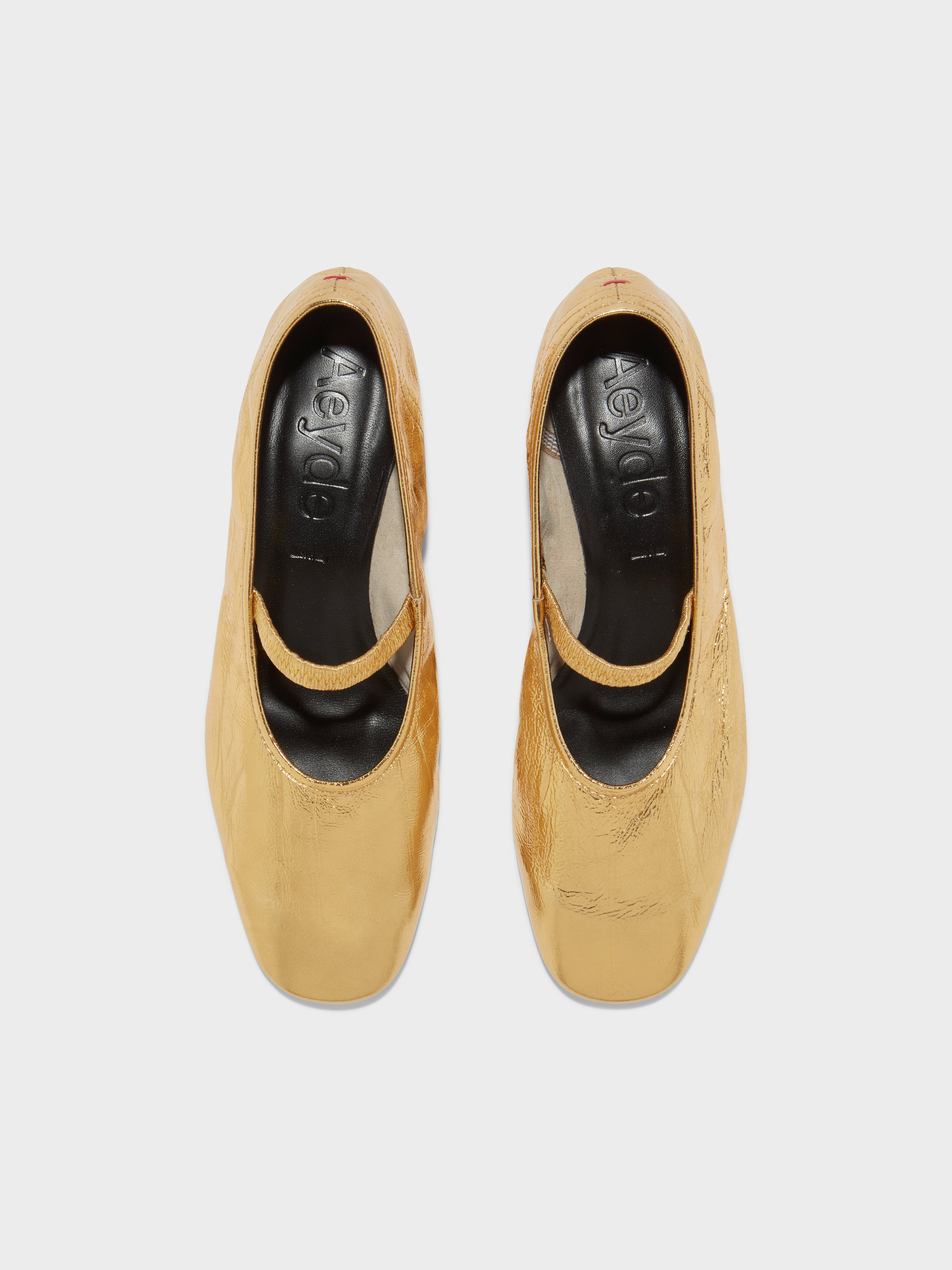 Aeyde | Pippa Laminated Leather Ballet Flats Leather Flats for Women | Gold Crackle | Round Toe | Low Heel | Front View
