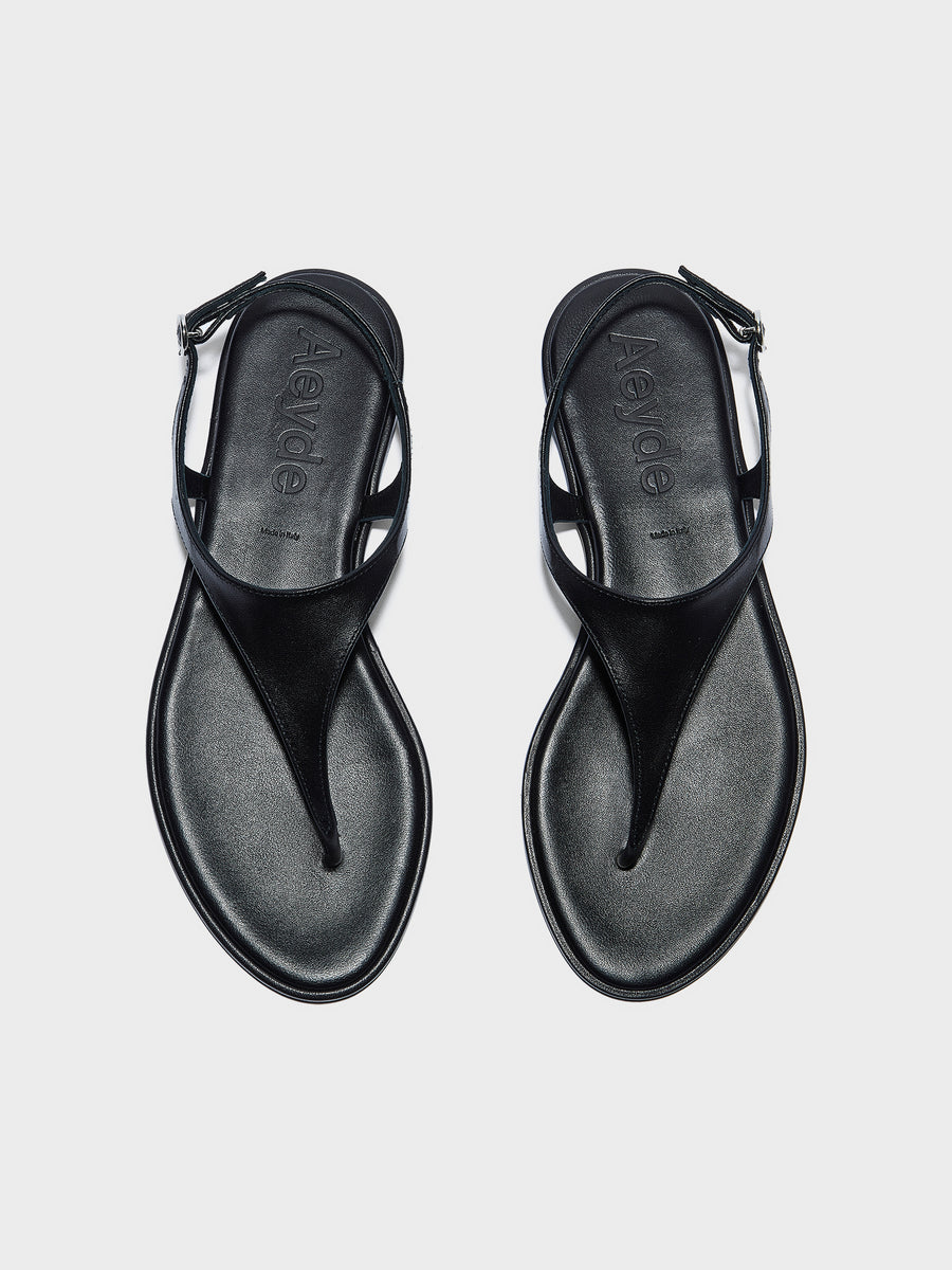Aeyde | Raine Leather Flat Sandals for Women | Black Nappa | Round Toe | Flat Heel | Front View