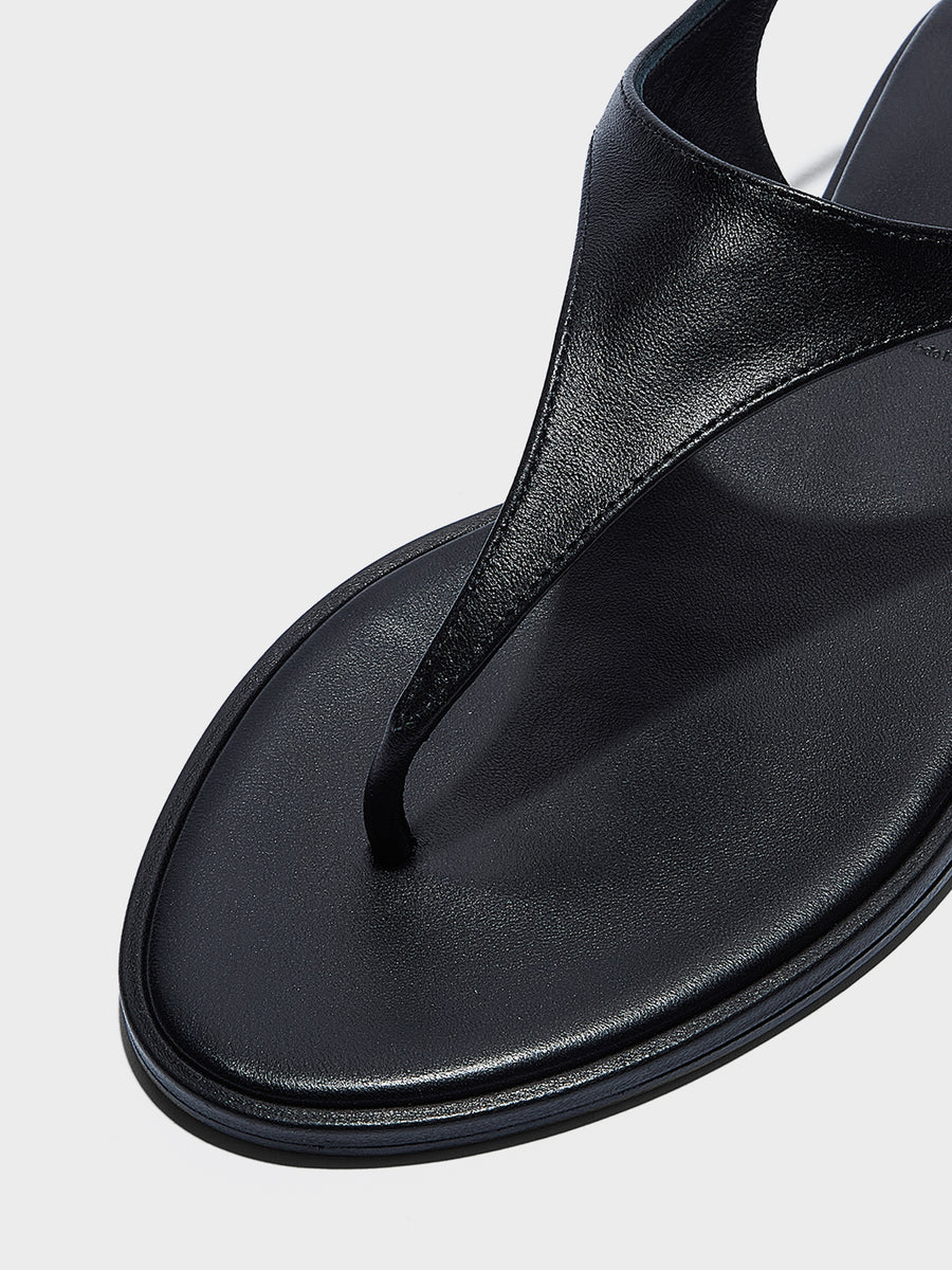 Aeyde | Raine Leather Flat Sandals for Women | Black Nappa | Round Toe | Flat Heel | Heel Details