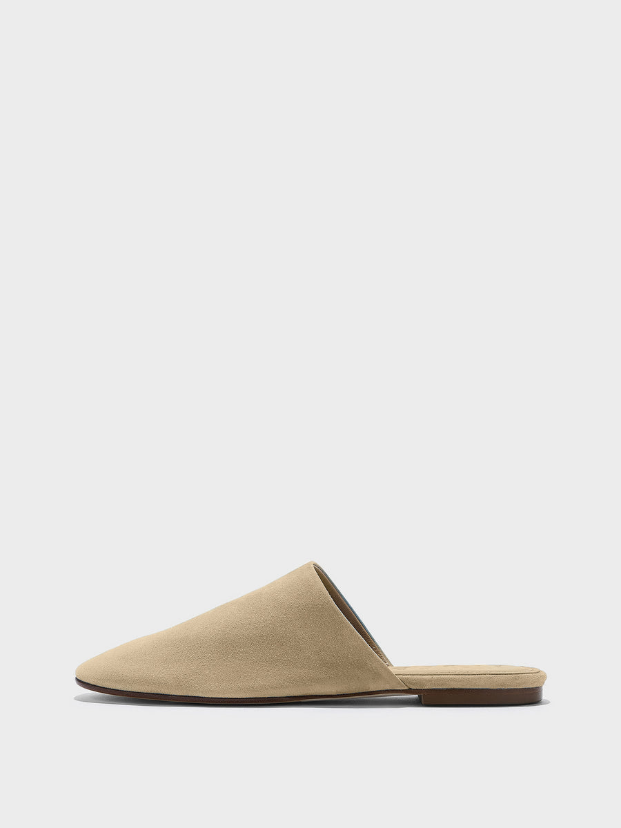 Aeyde | Rega Leather House Slippers for Women | Sand Suede | Round Toe | Flat Heel | Side View
